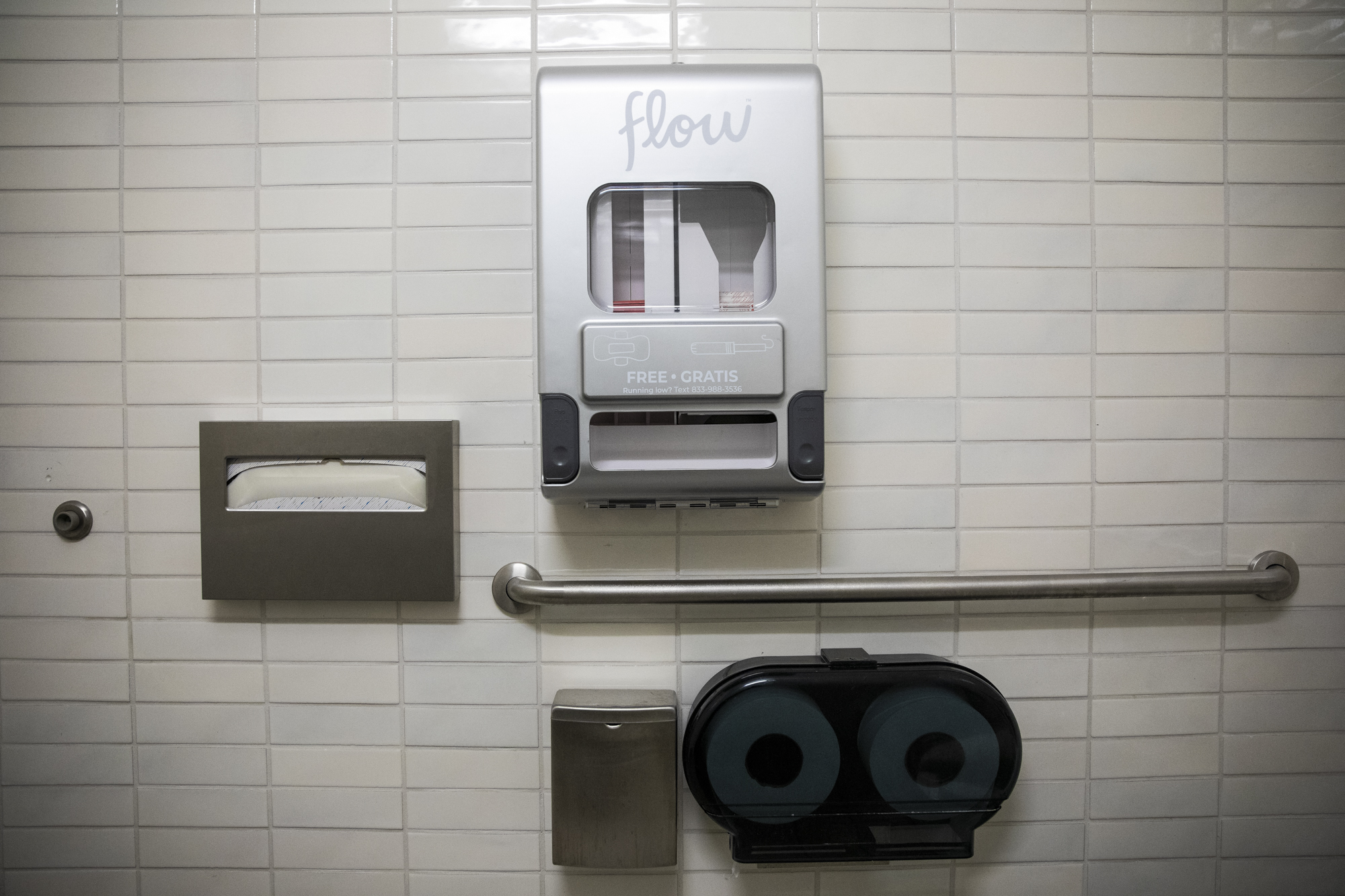 A menstrual product dispenser on campus at Diablo Valley College in Pleasant Hill on March 28, 2023. Photo by Martin do Nascimento, CalMatters