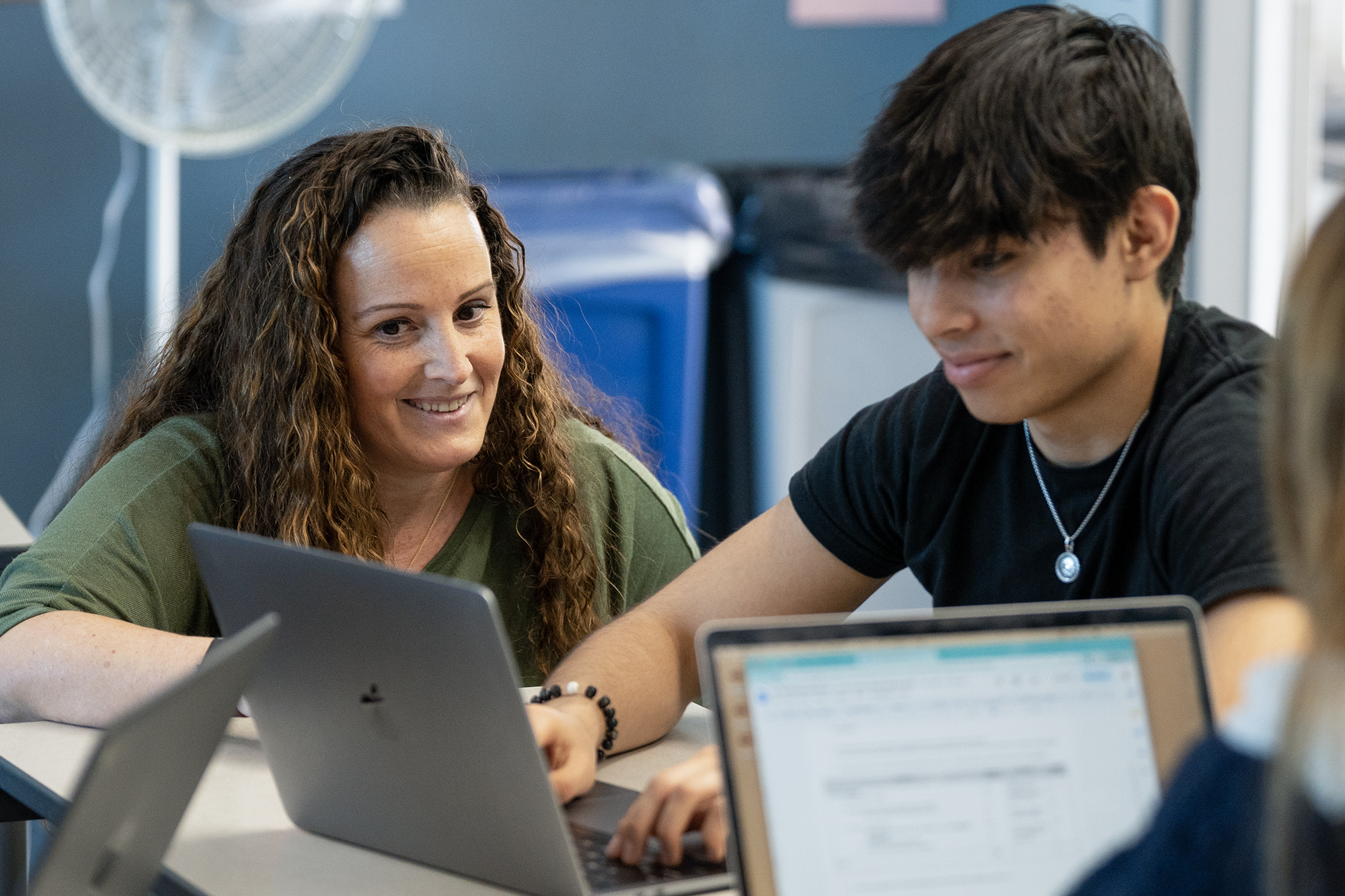 Marisa Silvestri listens to her student Oscar de la Torre during her Ethnic Studies Class at Santa Monica High School in Los Angeles on March 28, 2023. Photo by Lauren Justice for CalMatters