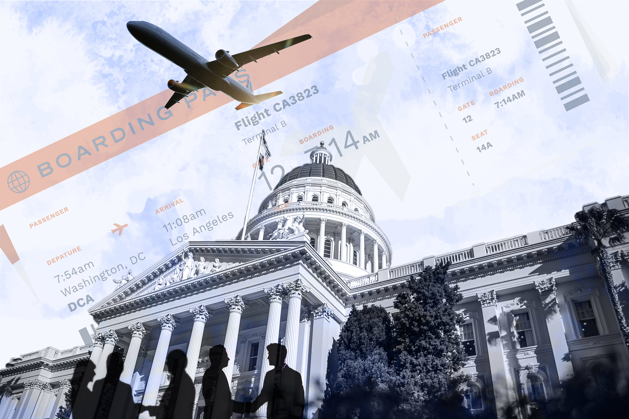 California Legislature paid trips. Illustration by Miguel Gutierrez Jr., CalMatters; iStock