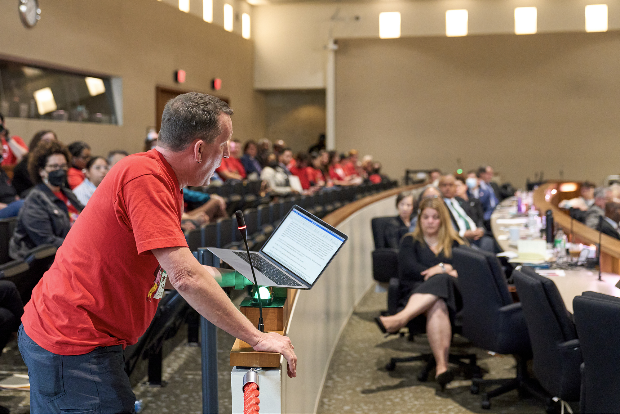 Kevin Wehr, California Faculty Association's vice president and professor at California State University, Sacramento, speaks to presidents at CSU, Leadership, and the Board of Trustees during public comment to ask for fair wages outside the CSU Chancellor's office in Long Beach on May 23, 2023. 