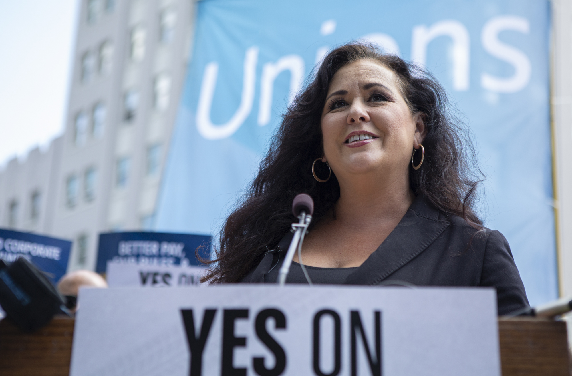 Assemblymember Lorena Gonzalez speaks at a rally in support of AB 5 on August 28, 2019.
