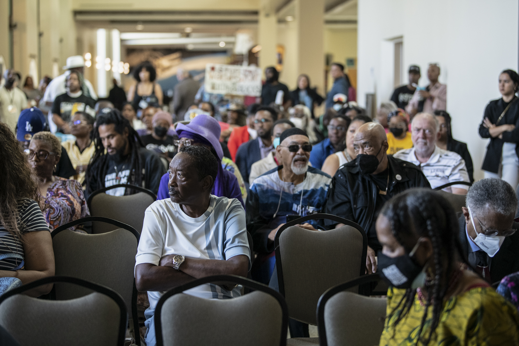 Community members of the public attend a California Reparations Task Force meeting at the California Science Center in Los Angeles on Sept. 23, 2022. Photo by Pablo Unzueta for CalMatters