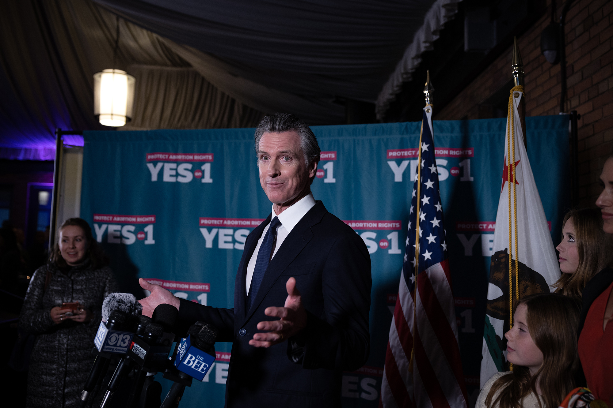 Gov. Gavin Newsom speaks to the media at a Prop. 1 celebration event at The Citizen Hotel in Sacramento on Nov. 8, 2022.