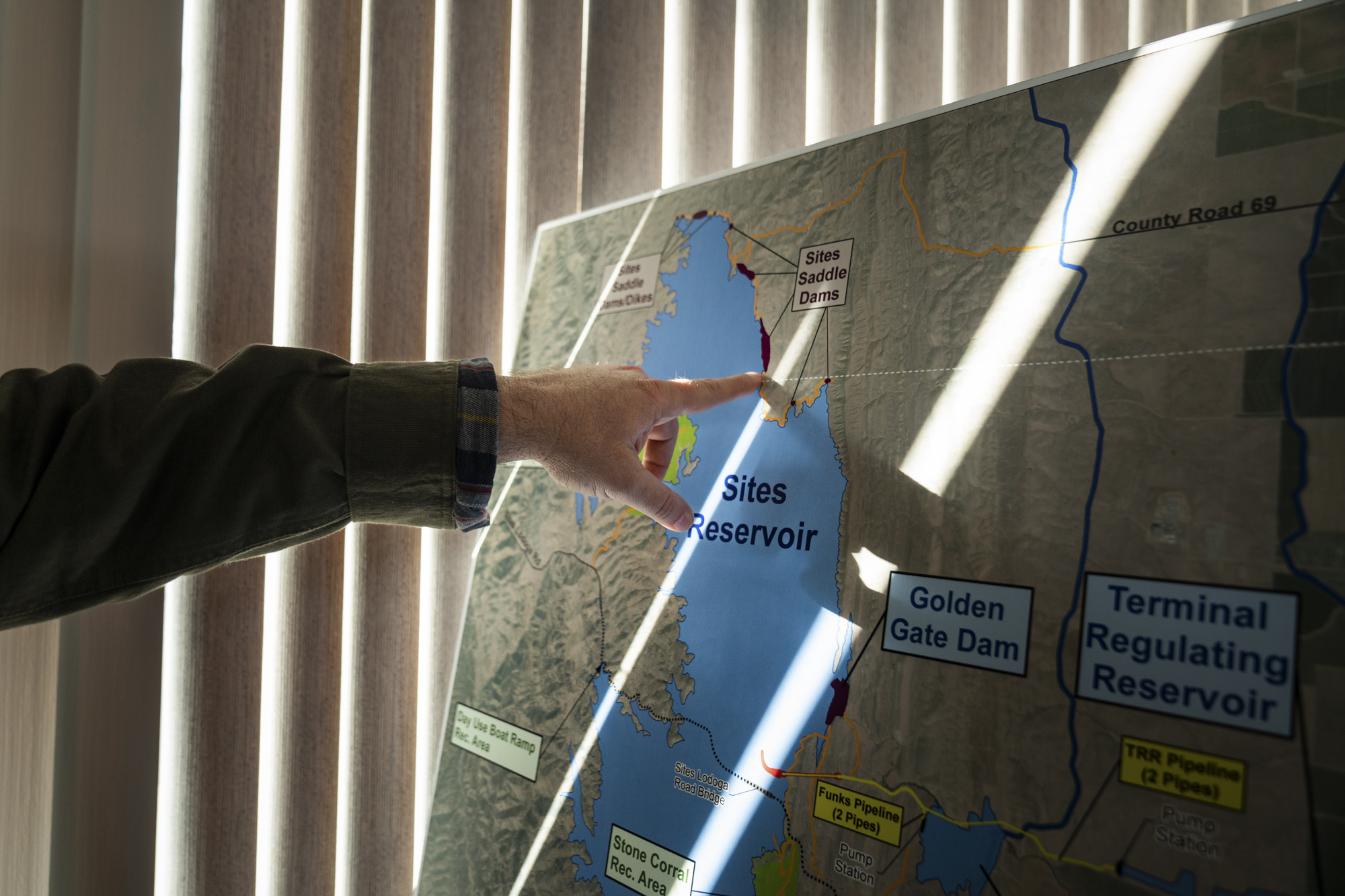 A the map of the proposed Sites Reservoir in Maxwell on Feb. 14, 2023. Photo by Julie A. Hotz for CalMatters