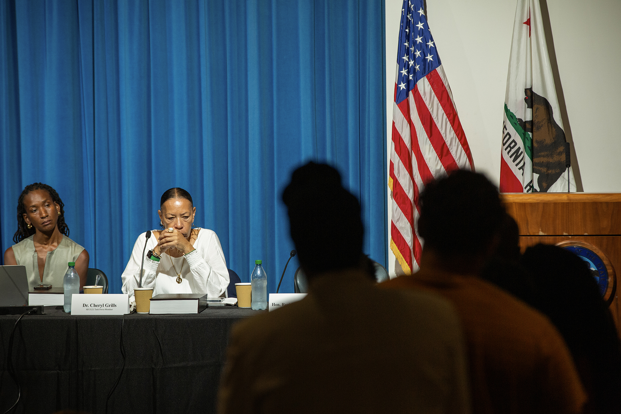 Members of the Reparations Task Force listen to testimony during a hearing at the March Fong Eu Secretary of State offices in Sacramento on June 29, 2023. Photo by Semantha Norris, CalMatters