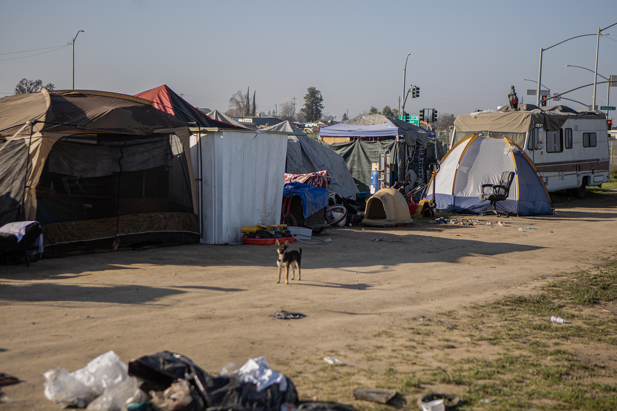 Tents lined up against a fence at a homeless encampment near Highway 180 in west Fresno on Feb. 11, 2022. Photo by Larry Valenzuela for CalMatters