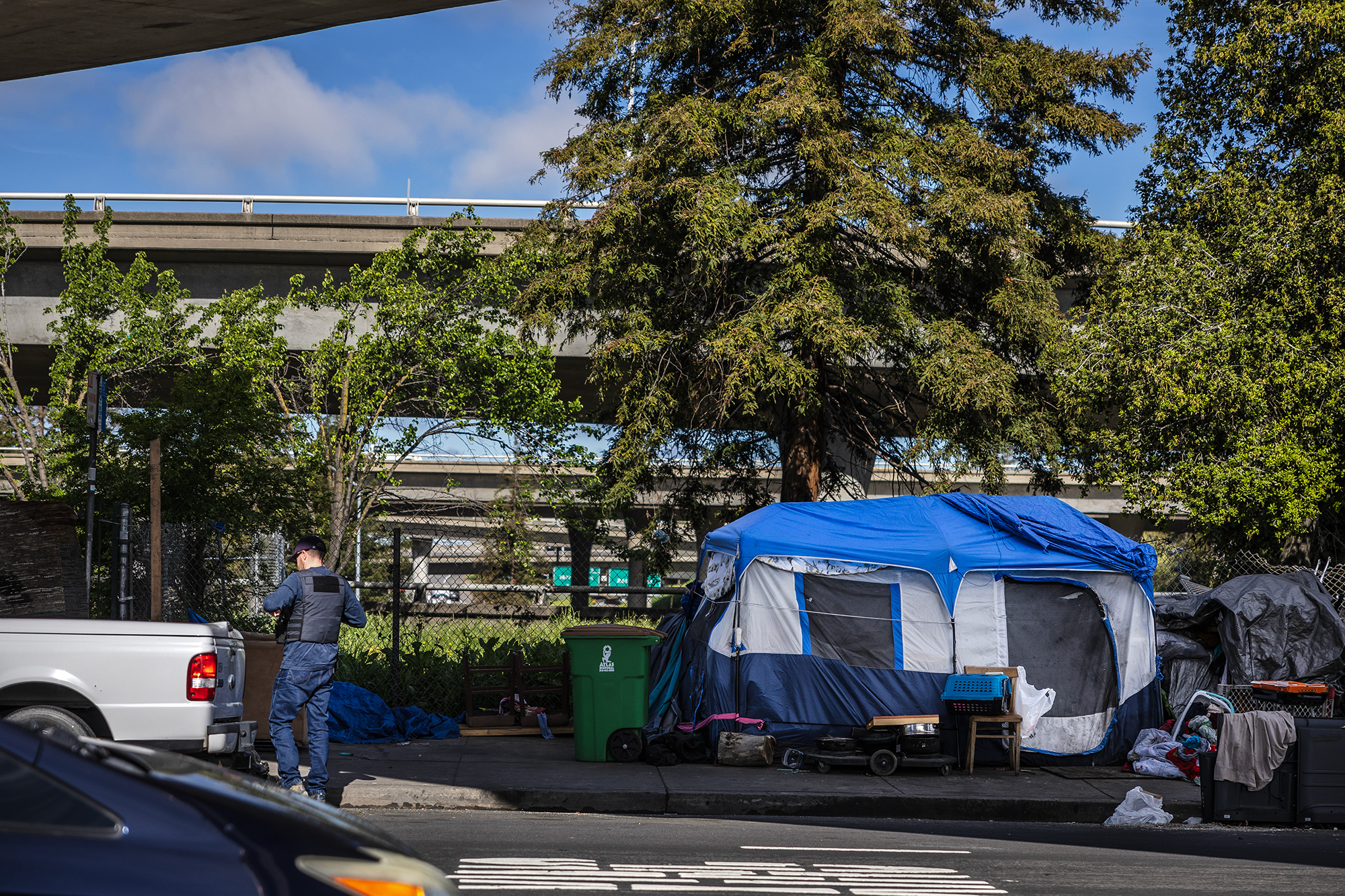 A homeless encampment on W Street and Alhambra Boulevard in Sacramento on April 11, 2023.