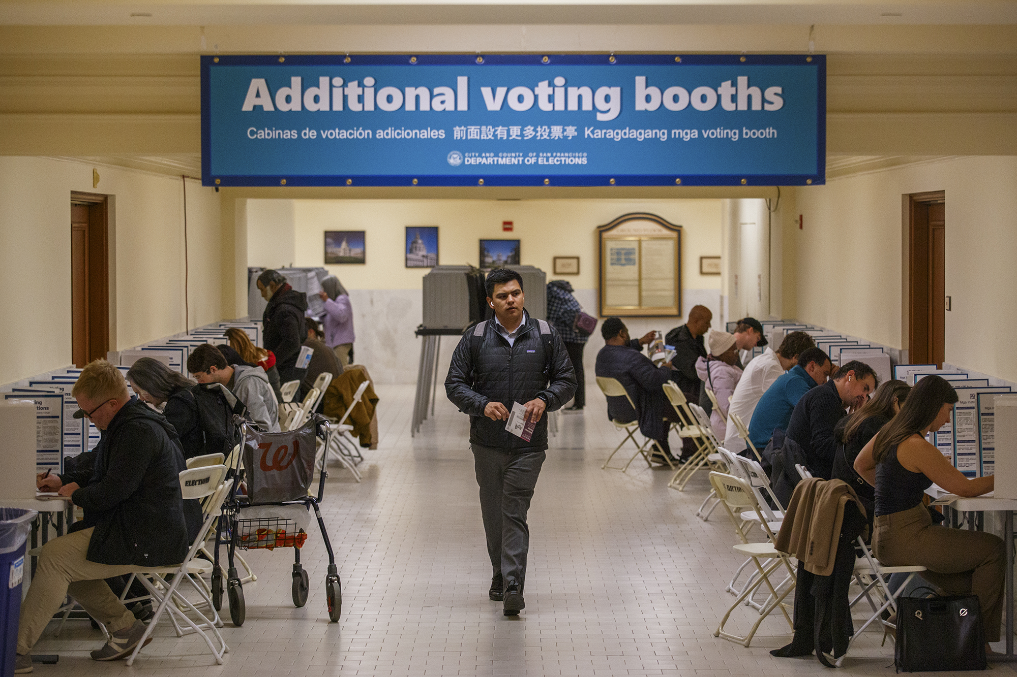 Voters cast their ballots on Super Tuesday at City Hall in San Francisco on March 5, 2024. Photo by Juliana Yamada for CalMatters.