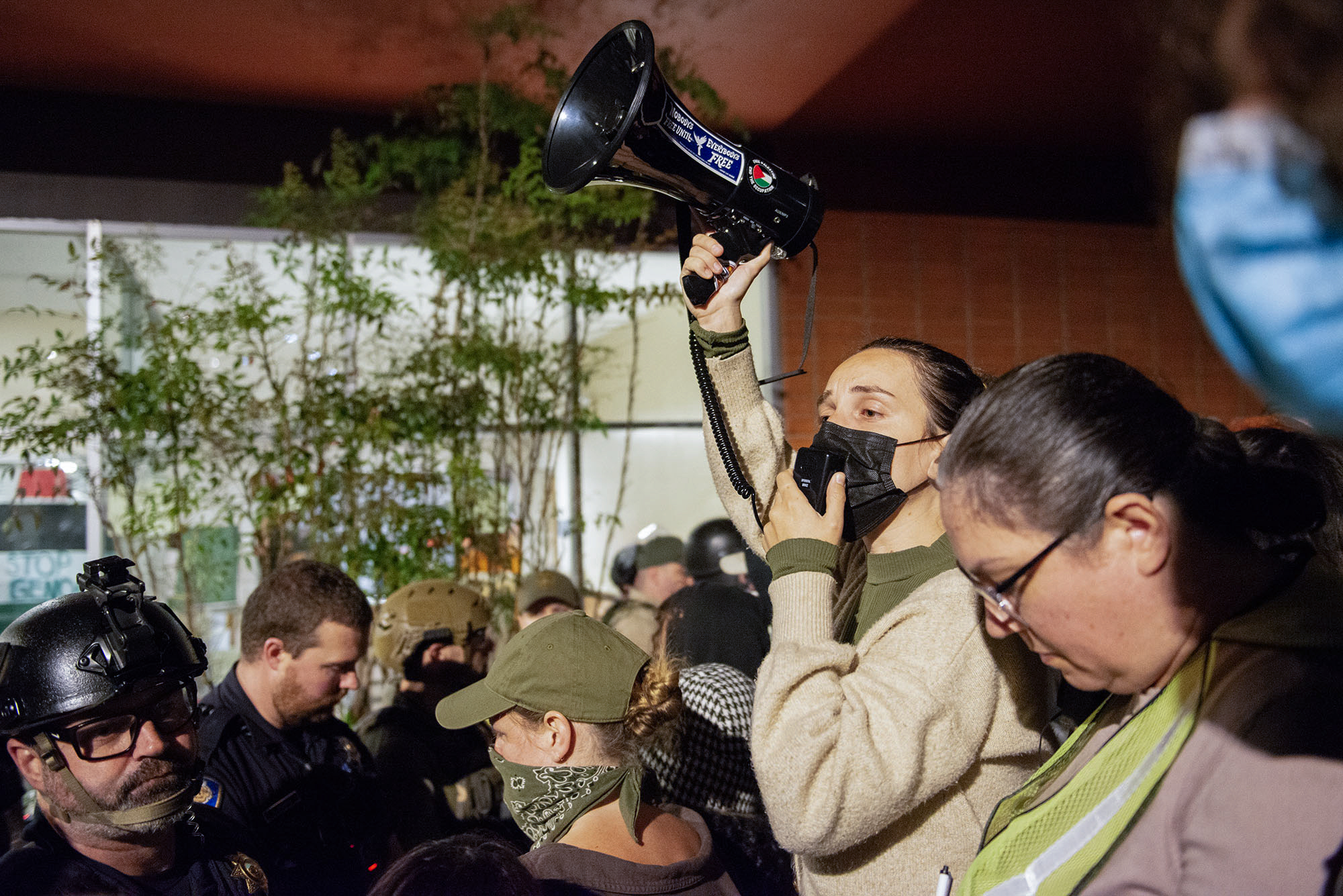 A pro-Palestine supporter leads a chant during a protest at Cal Poly Humboldt in Arcata on April 22, 2024. Photo by Mark McKenna for CalMatters