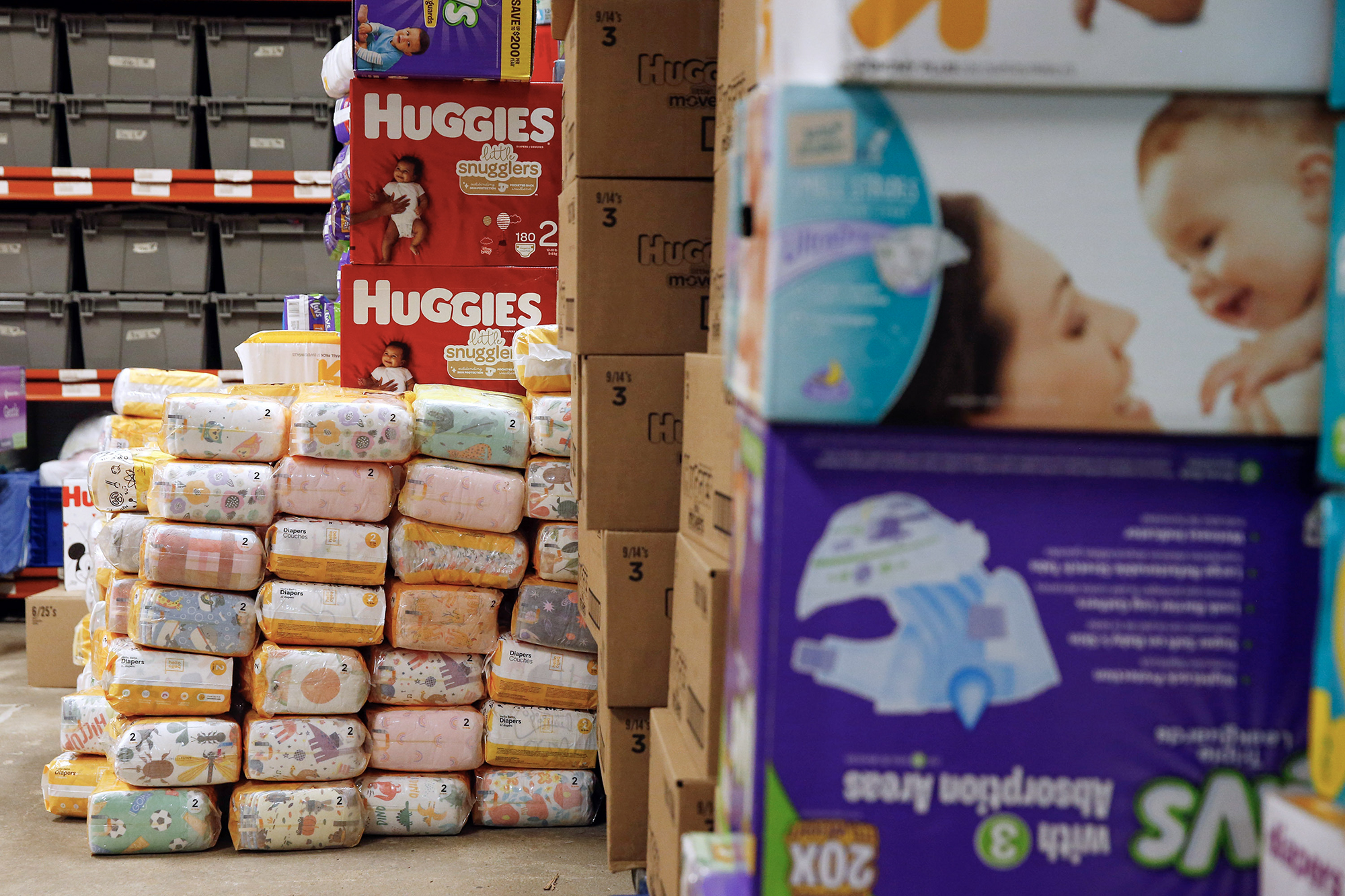 Diapers are stored in the basement at the Eastern Iowa Diaper Bank in Cedar Rapids, Iowa, on Dec. 14, 2020. Photo by Liz Martin, The Gazette via AP Photo