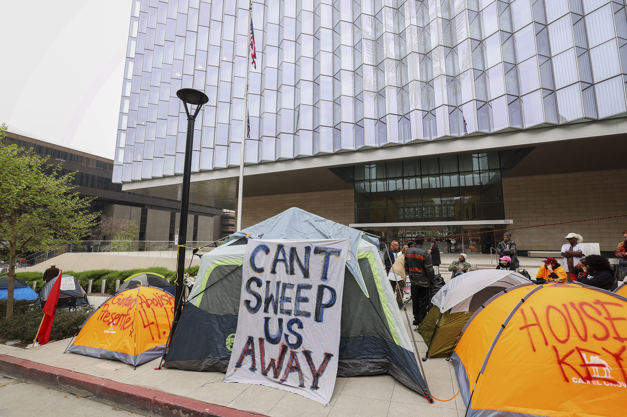 Tents outside the Federal Courthouse in Los Angeles on April 22, 2024. Photo by Ted Soqui for CalMatters