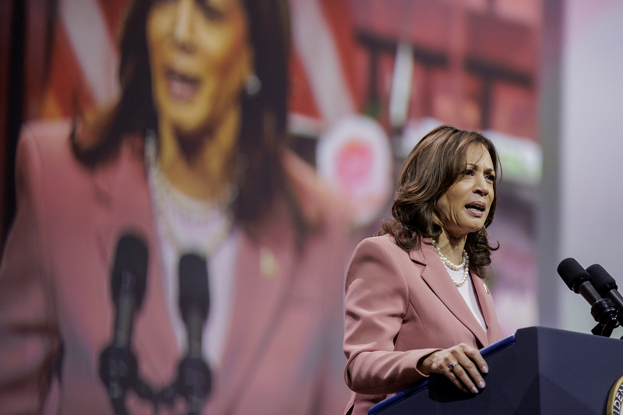 U.S. Vice President Kamala Harris addresses the AKA sorority in Dallas on July 10, 2024. Photo by Shelby Tauber, Reuters