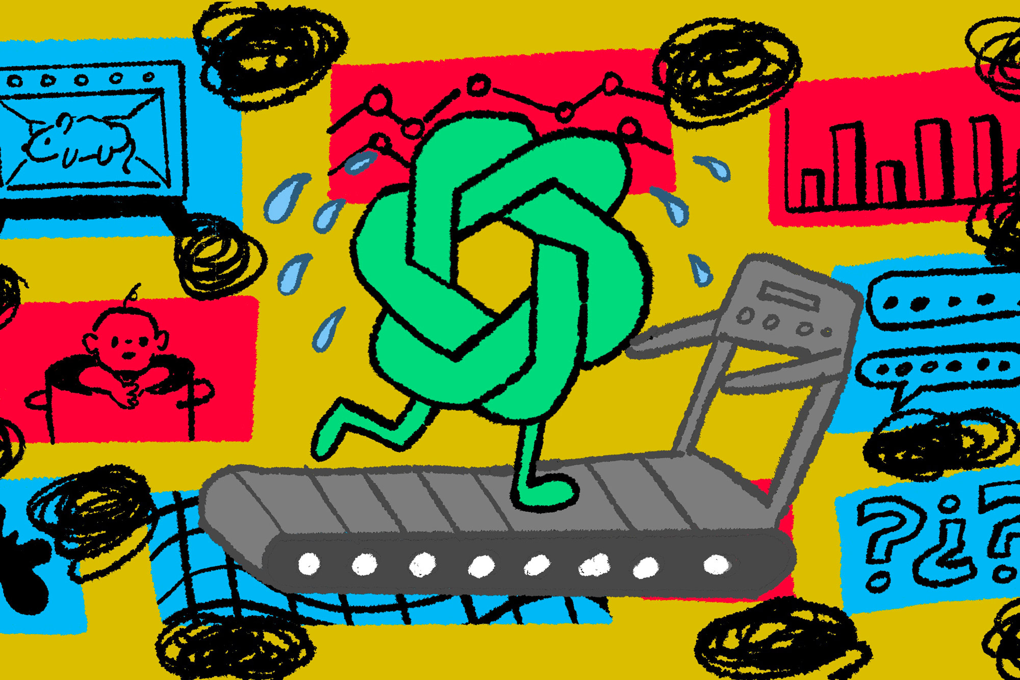 Illustration of the ChatGPT logo running and sweating on a treadmill; the background shows a bunch of squiggles and vignettes of data points, chat bubbles, a baby in a pot and a gerbil in the oven