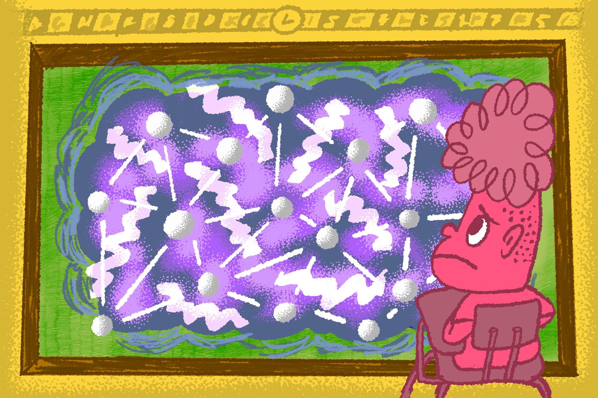 Illustration of a chalkboard obscured by a purple cloud of abstract shapes, including a network of circles; a student is in the foreground looking confused