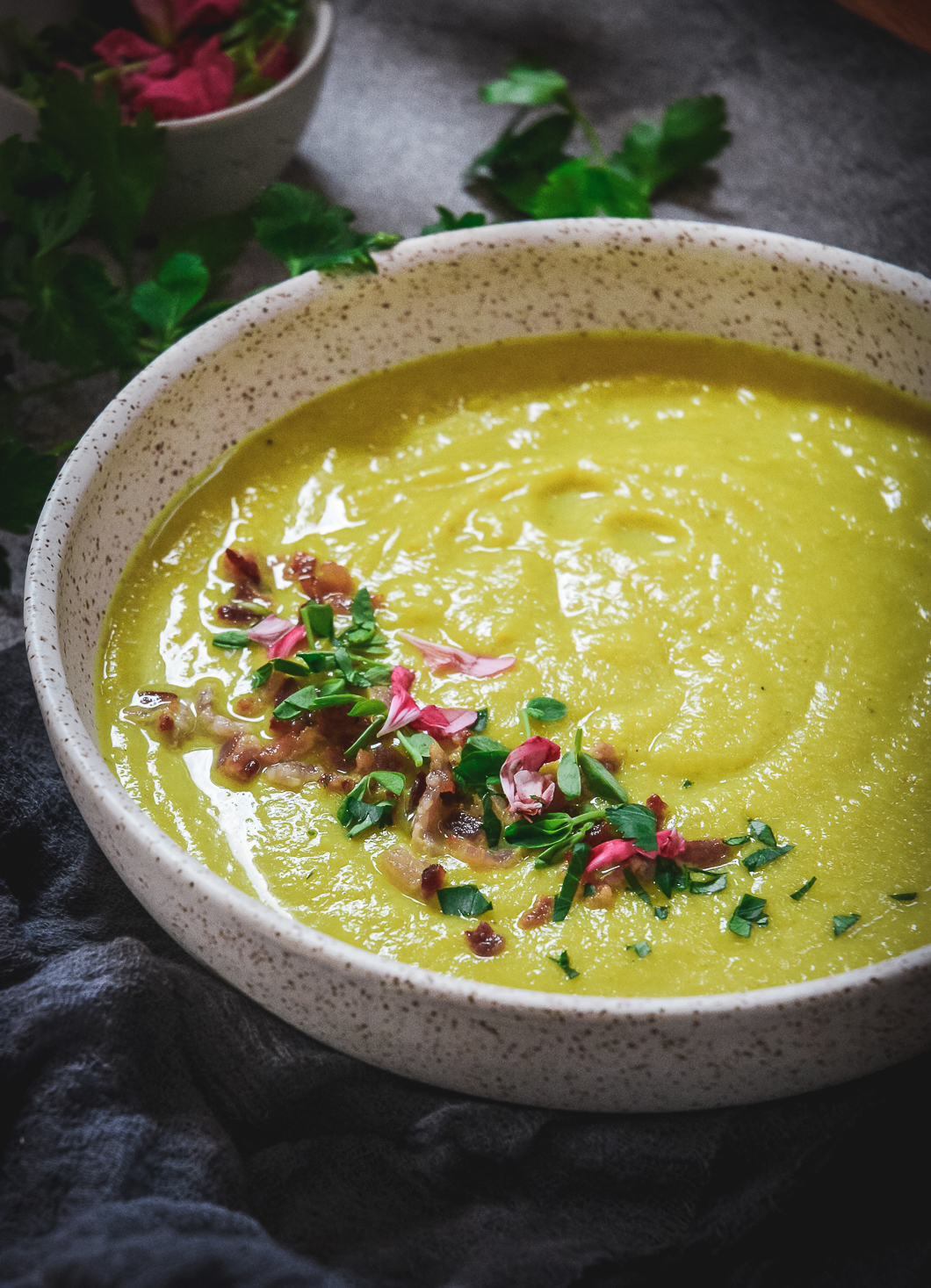 golden cauliflower soup up close with bacon bits