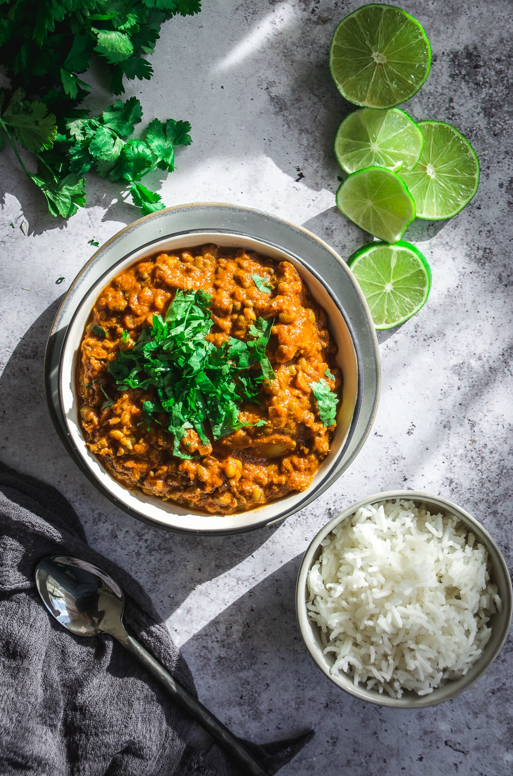 Easy and Healthy Cauliflower Mung Bean Curry on plate with rice and cilantro