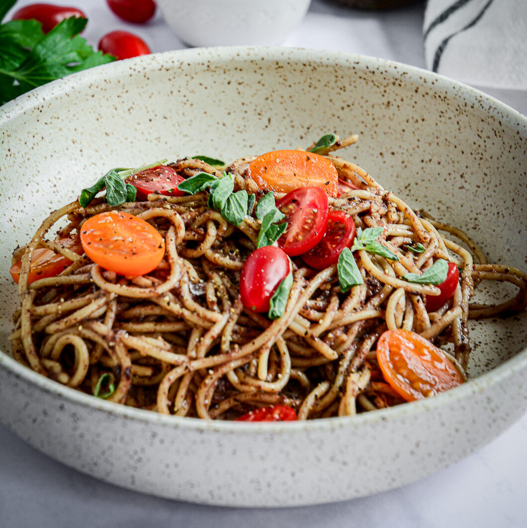 Moroccan Spaghetti Tapenade with Tomatoes and Herbs