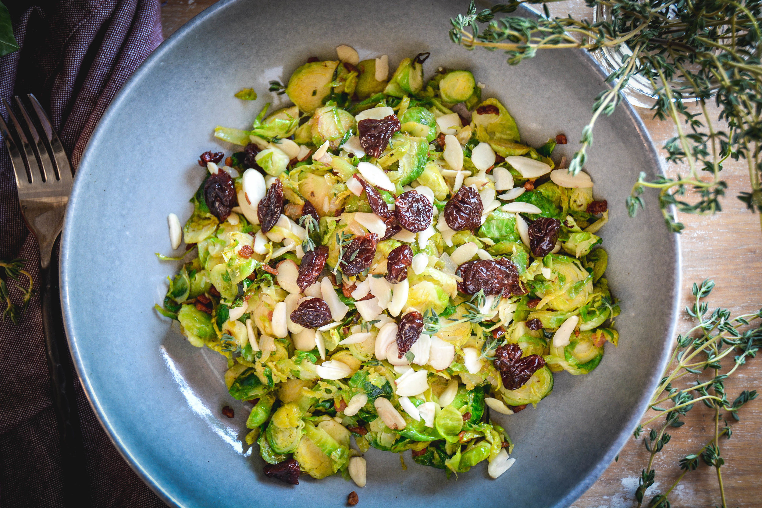 Warm Brussels Sprouts Salad with Bacon and Dried Cherries