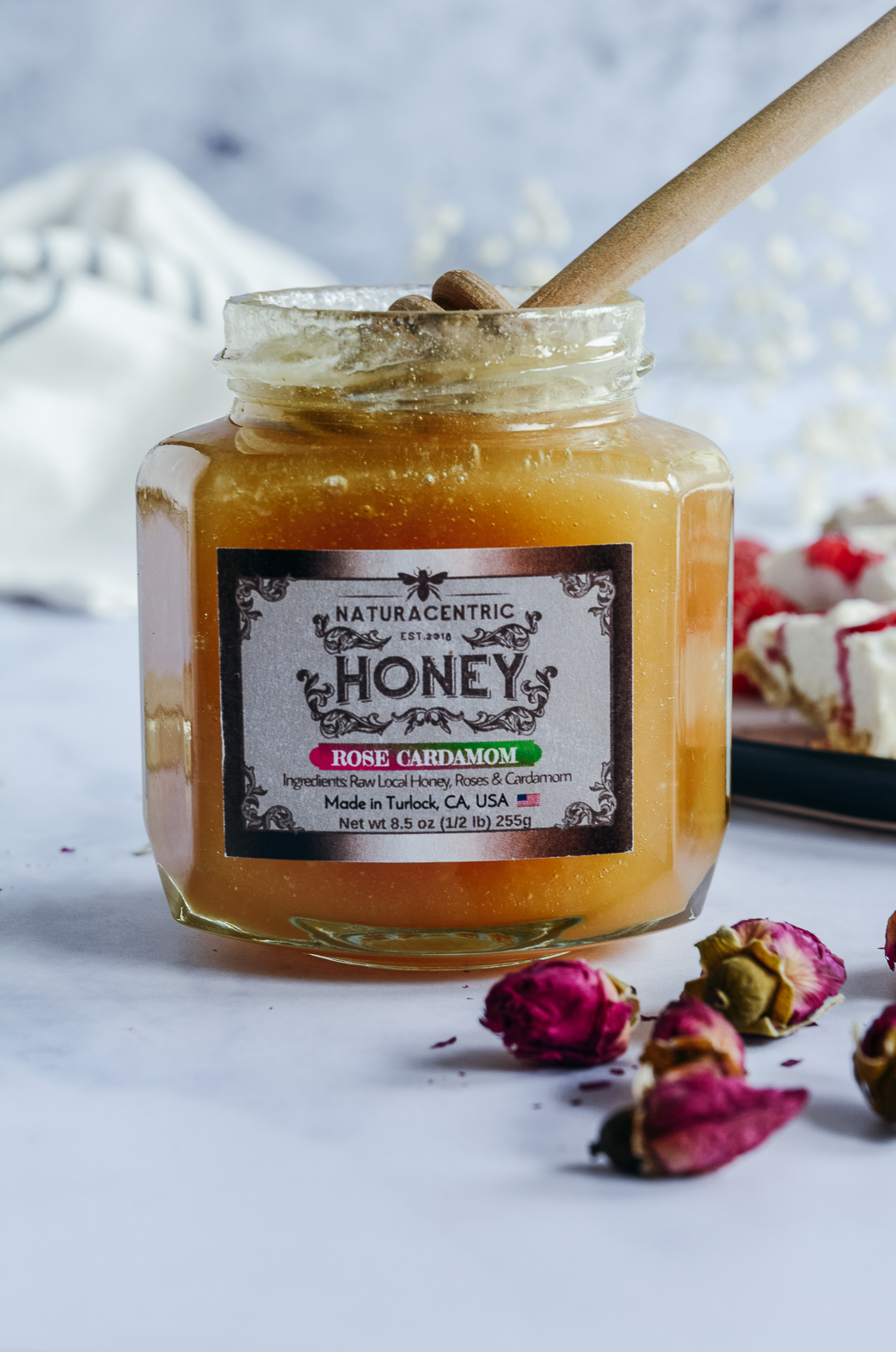 Jar of rose cardamom honey