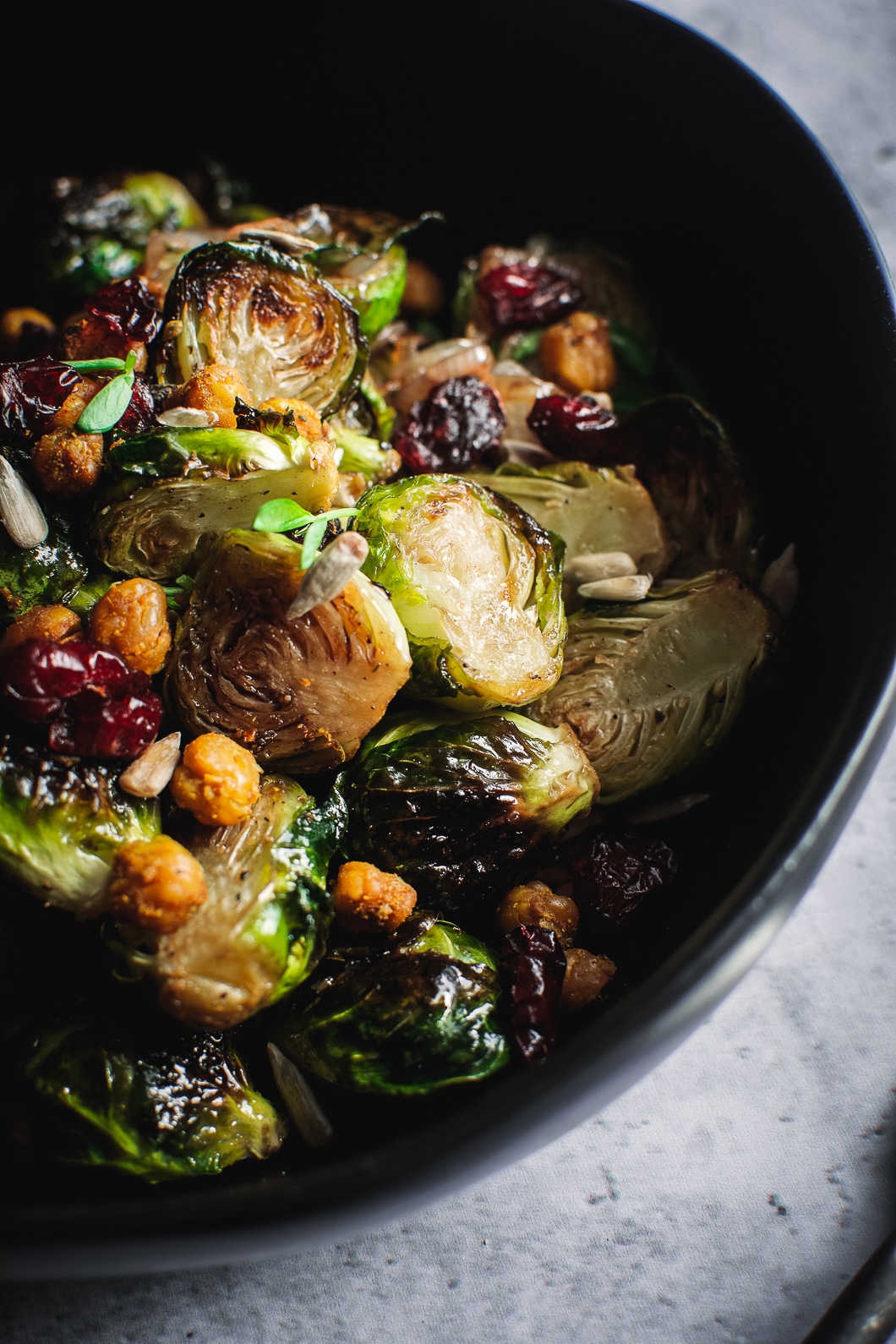 Balsamic Roasted Brussels Spouts with crispy chickpeas, cranberries and sunflower seeds