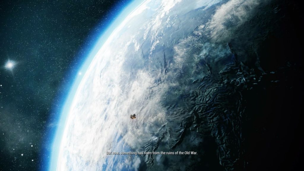 View of Earth from space during Warframe cutscene.