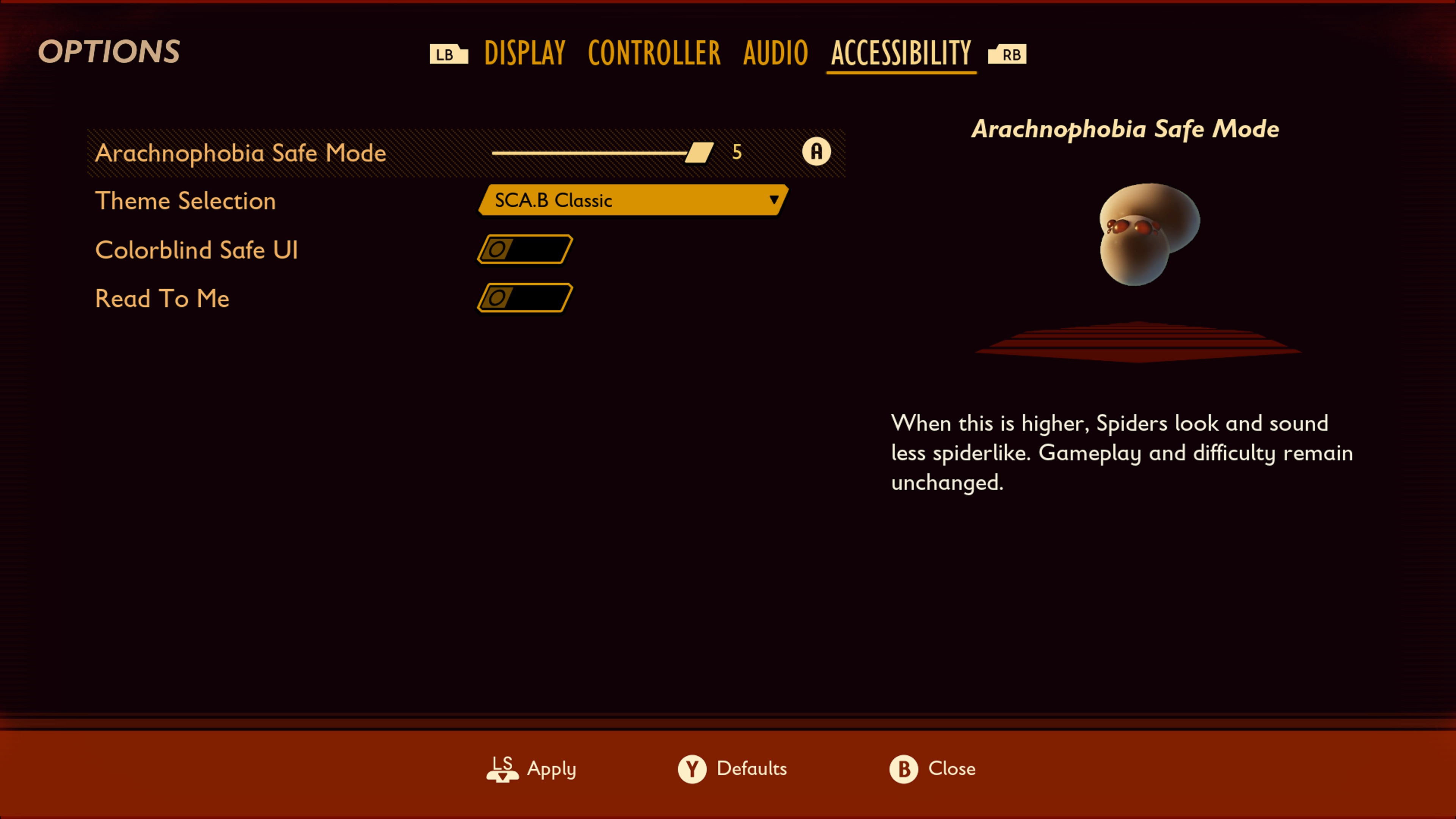 The accessibility menu showing what spiders look like with arachnophobia safe mode toggled to its highest setting.