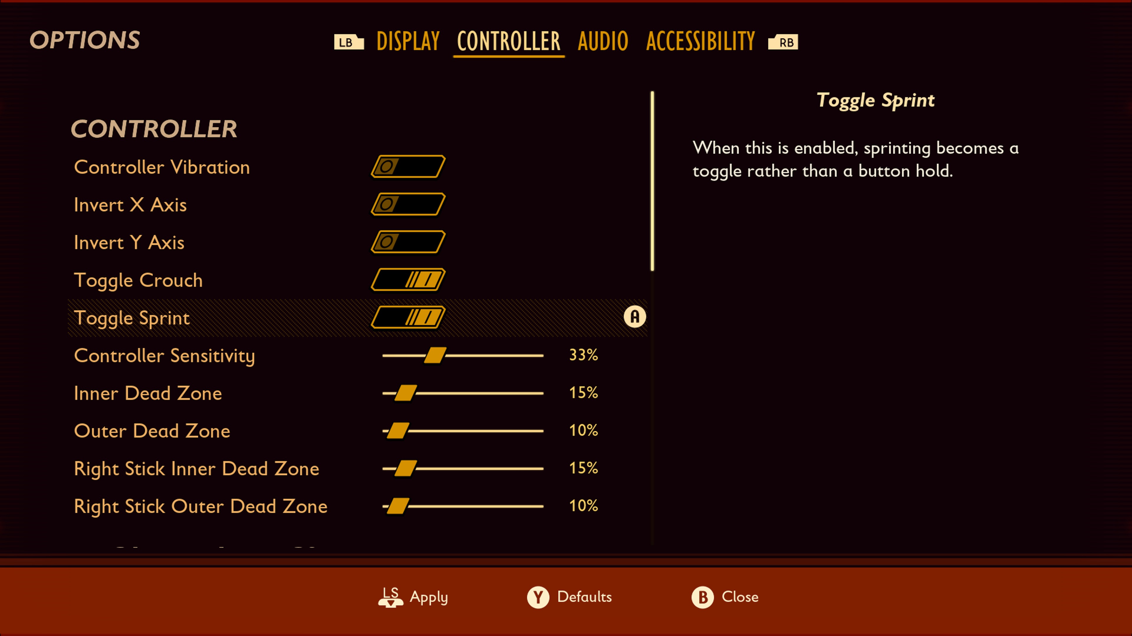 Controller options menu.