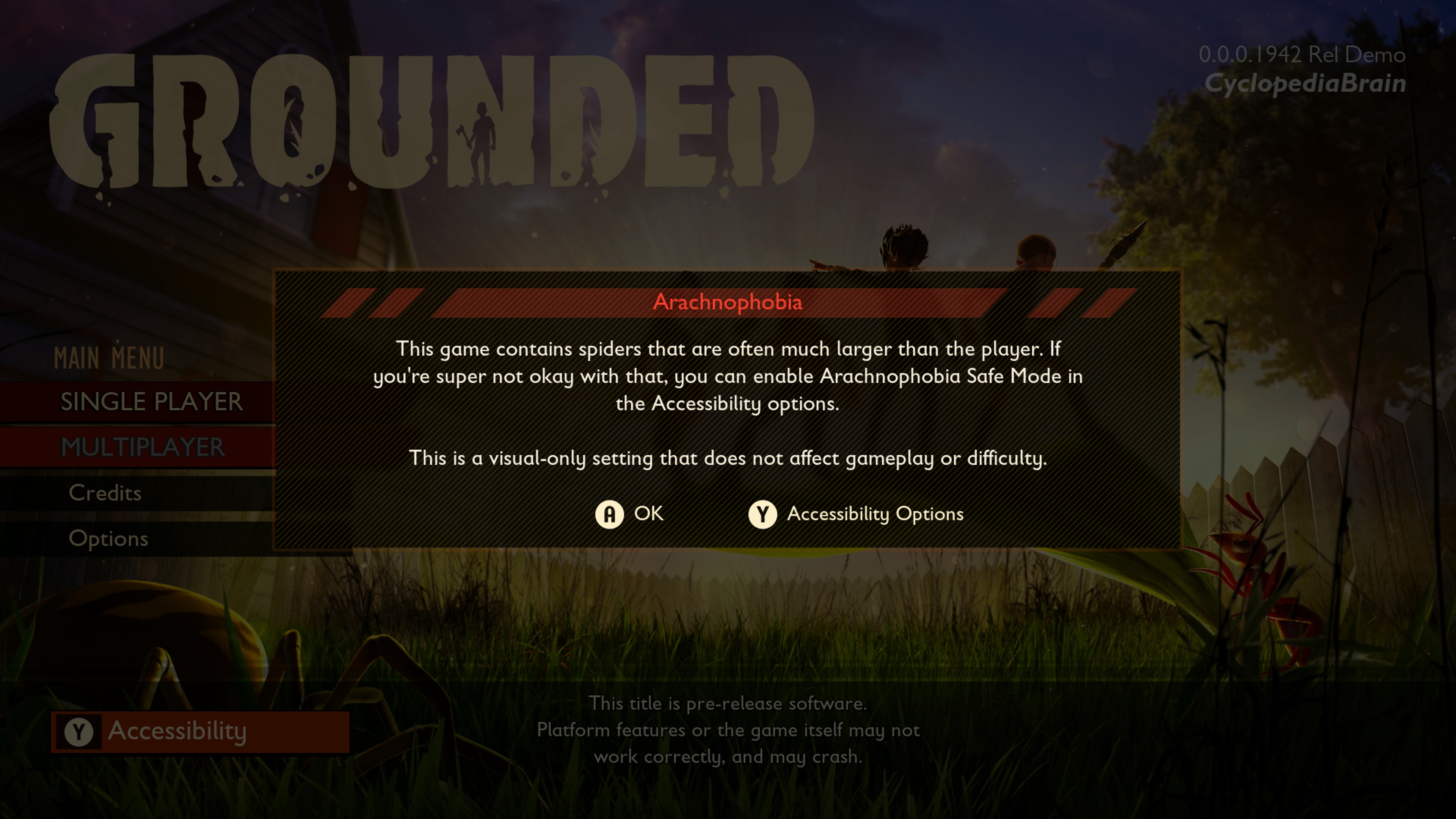 The accessibility pop-up menu players see first thing upon launching the game.