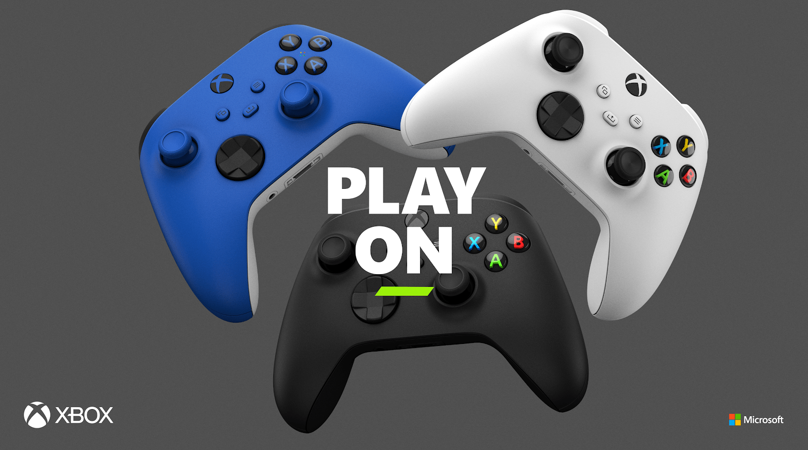 Three controllers; one blue, one white, and one black, with the text "Play on."