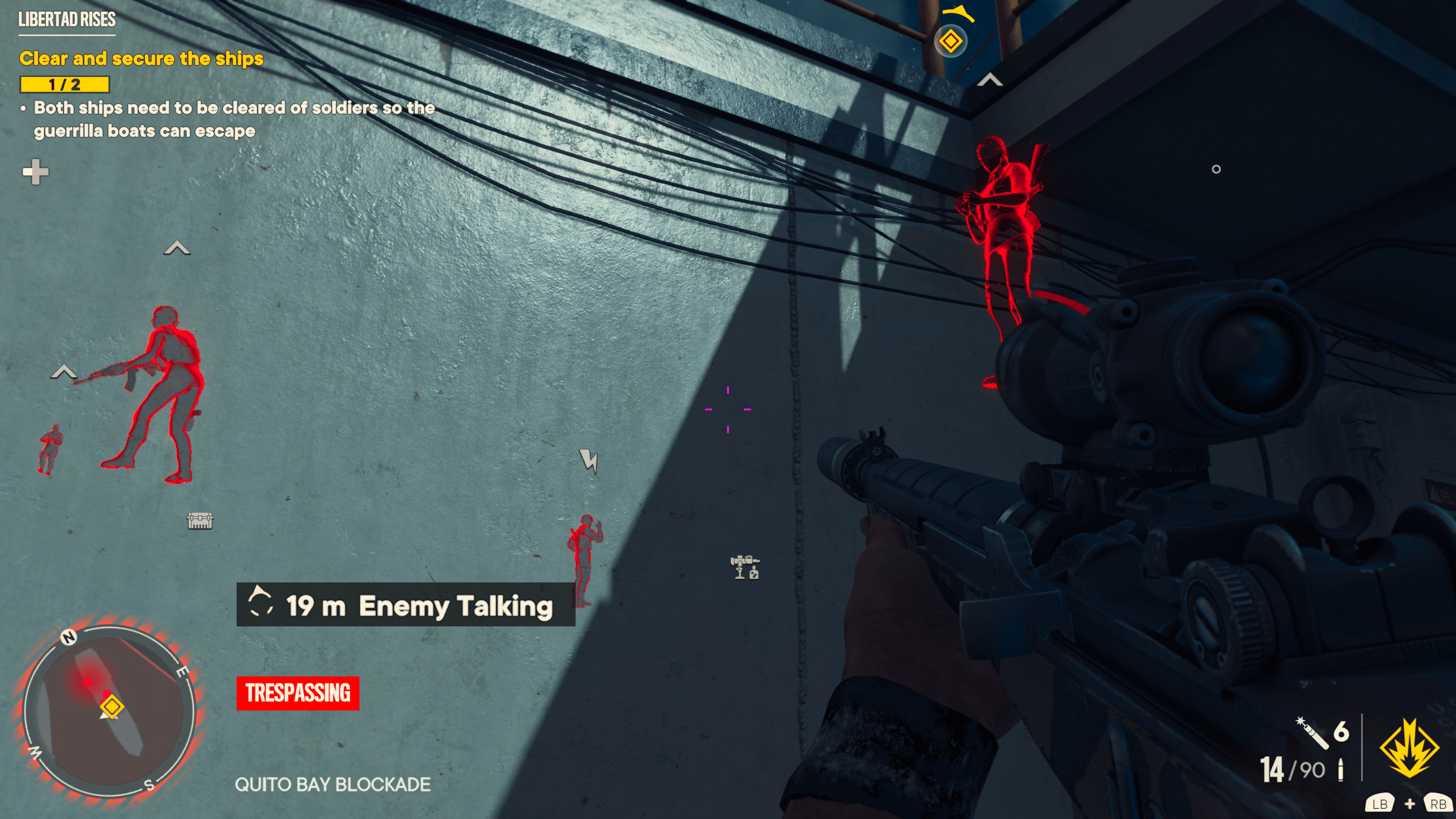 Showing red silhouettes of tagged enemies appearing through walls and barriers.