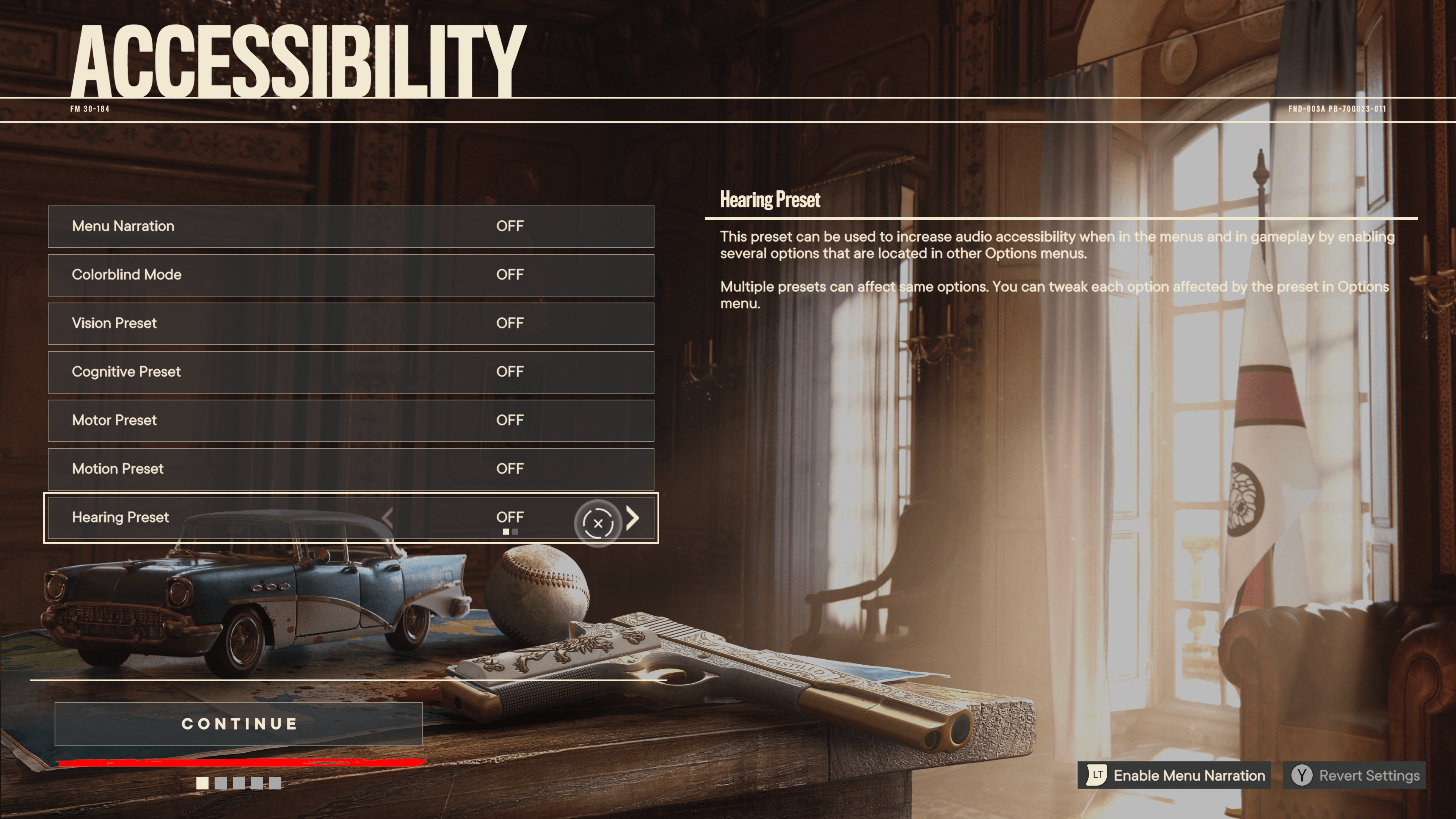 The accessibility menu that appears on first launch.