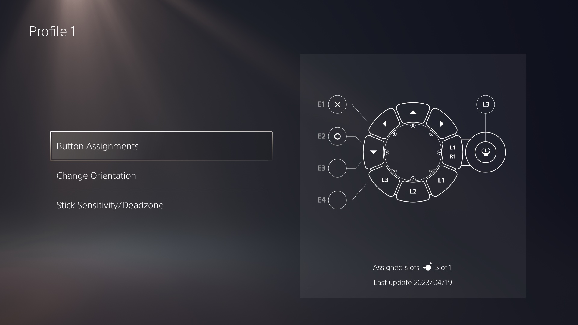 Menu with Button Assignments, Change Orientation, and Stick Sensitivity/Deadzone. A graphic showing the Access controller with its current button mapping is shown on the right.