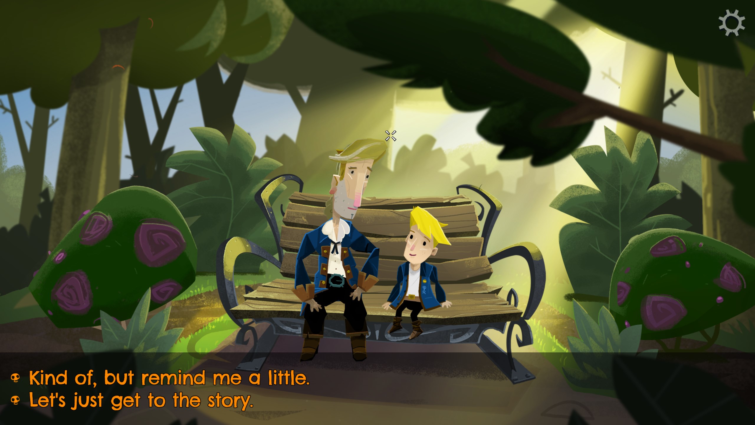 Guybrush and Boybrush on a bench, the dialog options read:
Kind of, but remind me a little.
And, Let's just get to the story.