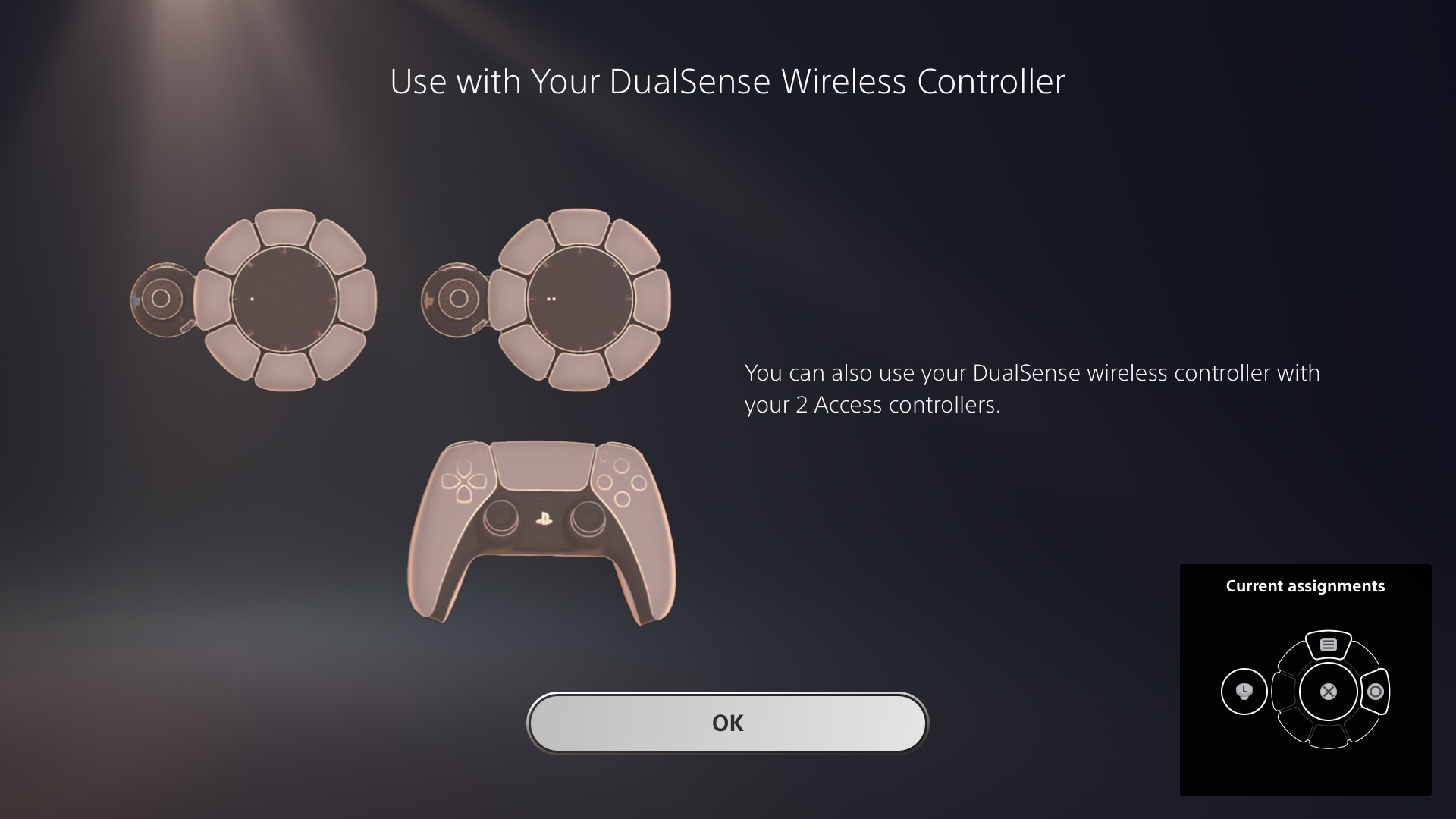 A PlayStation 5 screen showing 2 access controllers and a DualSense controller can be used together.