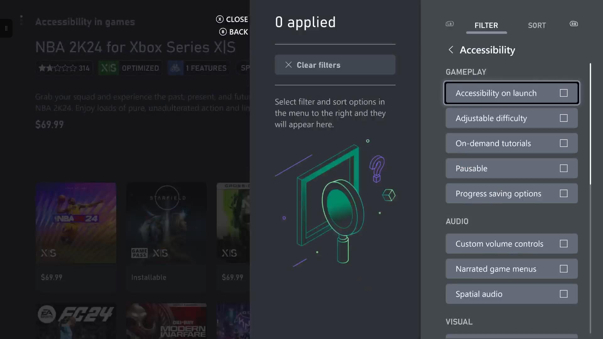 The accessibility section of the filters in the Xbox Store. Listed are several features under gameplay, audio, and visual.