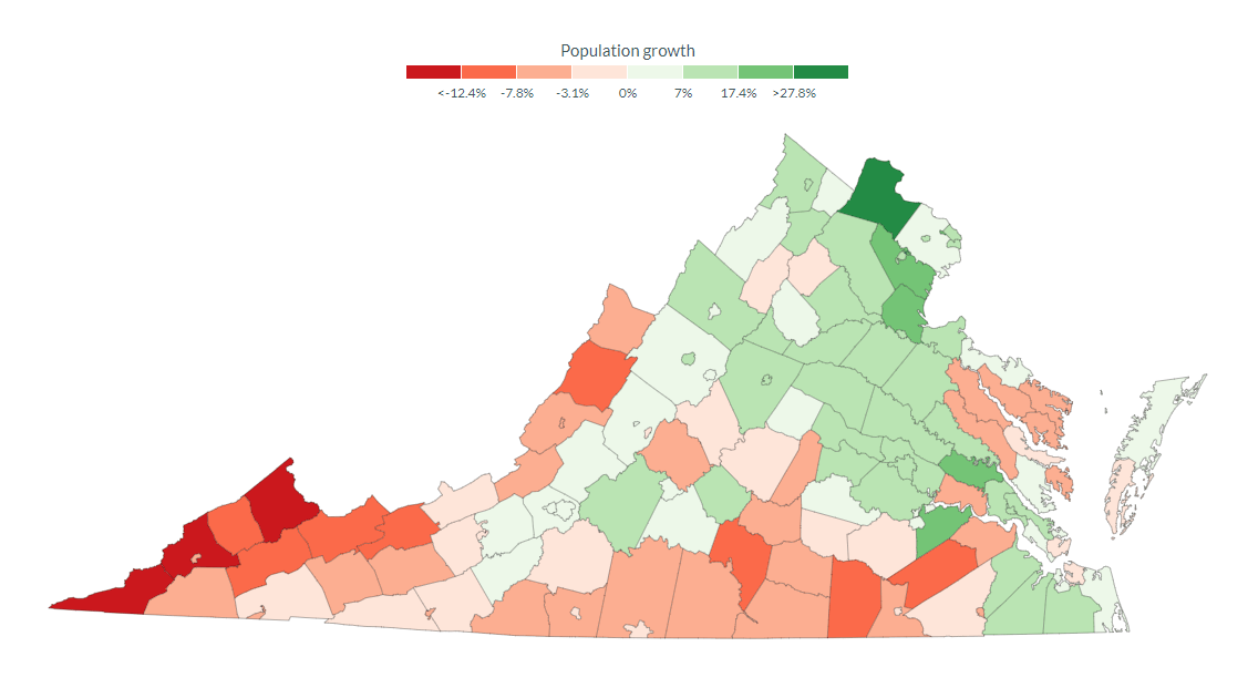 Population changes by county between 2010 and 2020. Map courtesy of Virginia Public Access Project.