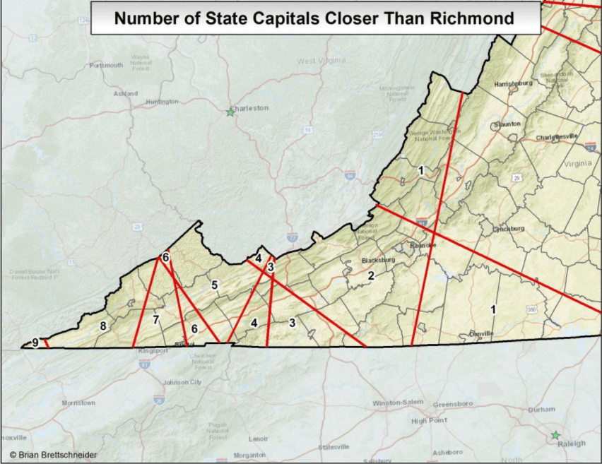 A map that shows which parts of Virginia are closer to up to nine other state capitals than its own.