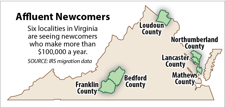 Map shows counties that are attracting affluent newcomers.