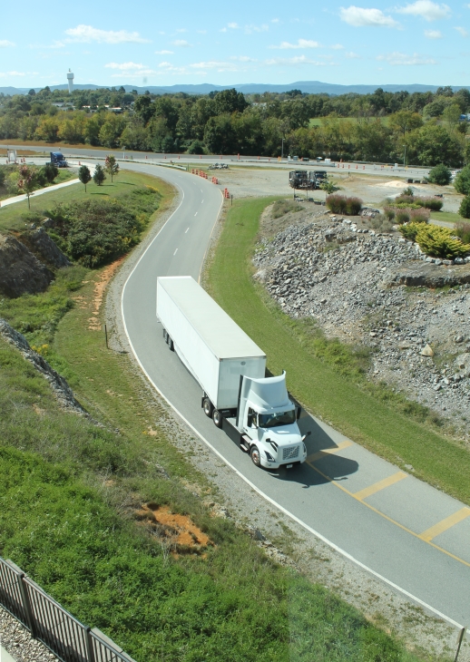 Electric truck on the customer experience track at the Volvo plant. 