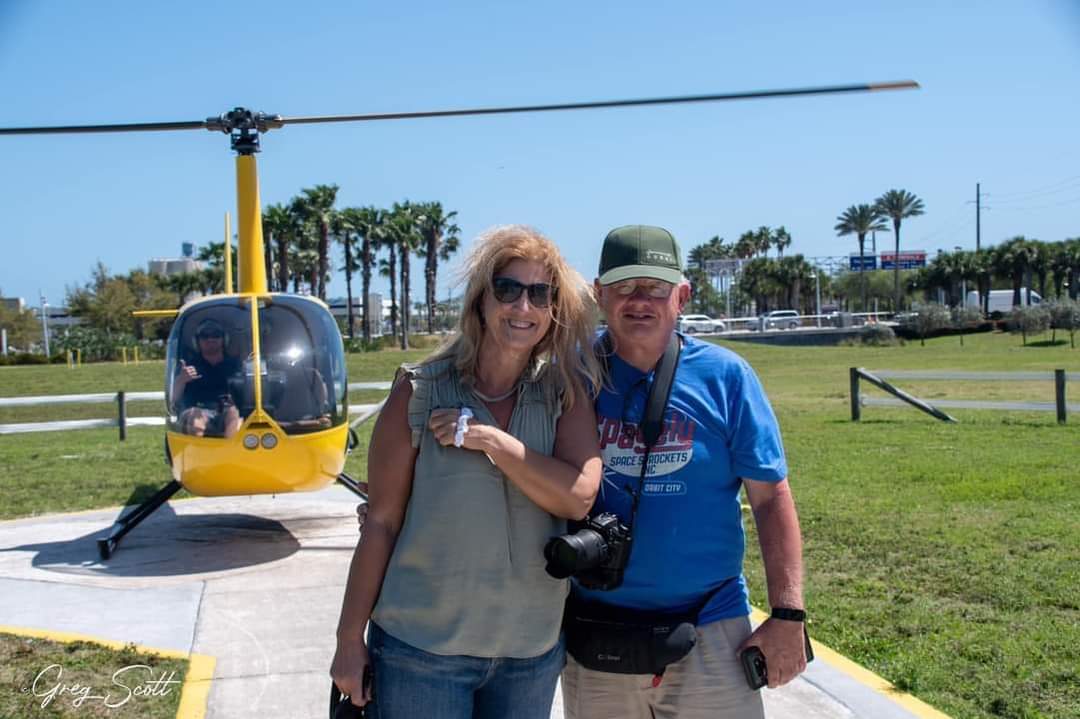 Janette & Jack Kennedy returning from an overflight of the Kennedy Space Center, SpaceX and Blue Origin at Port Canaveral. Courtesy of Kennedy.