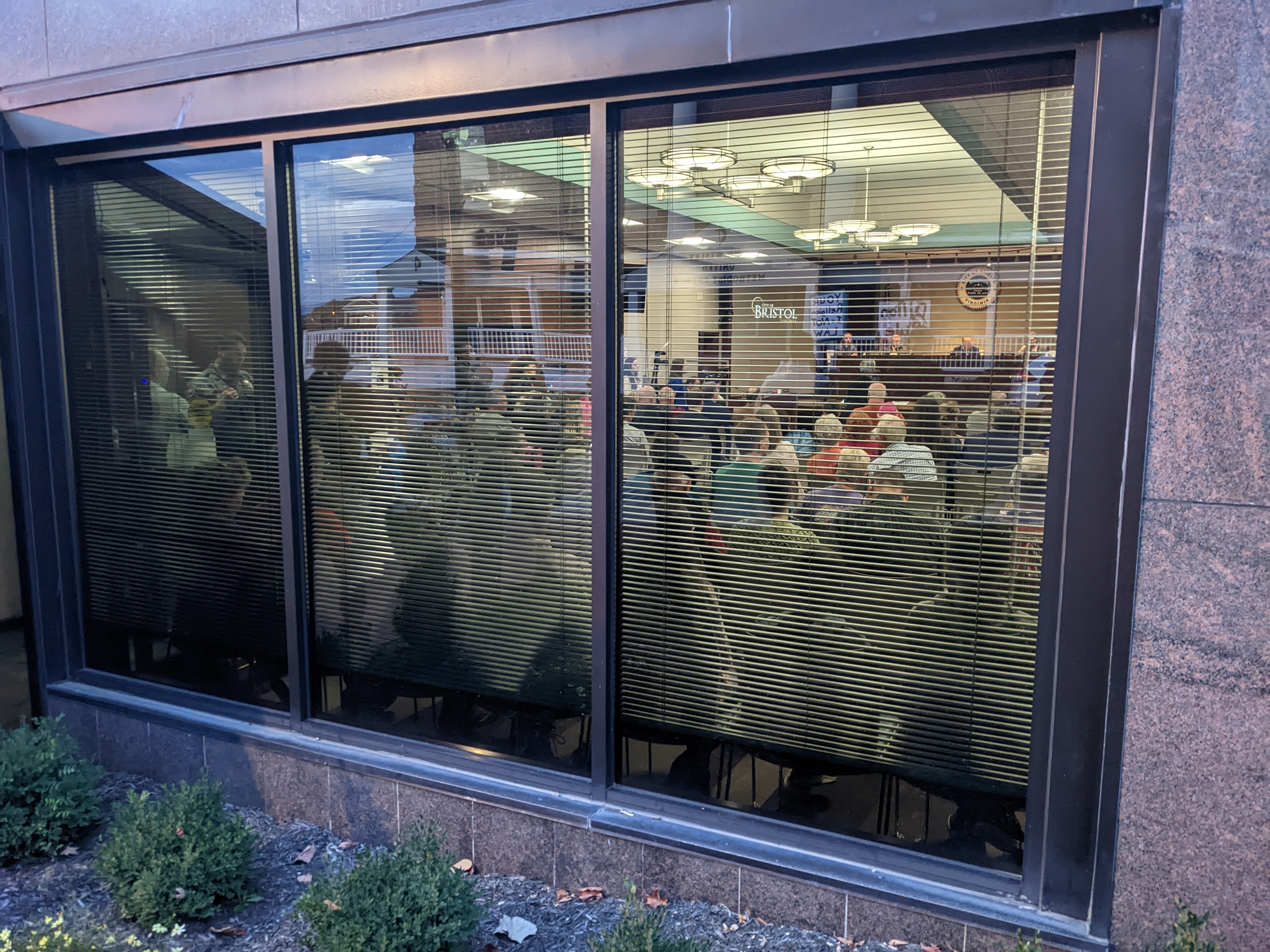 The Bristol fire marshal shut the doors to the council meeting when the room reached capacity. It was the largest crowd for a city council meeting in most people's memory. Photo by Megan Schnabel.