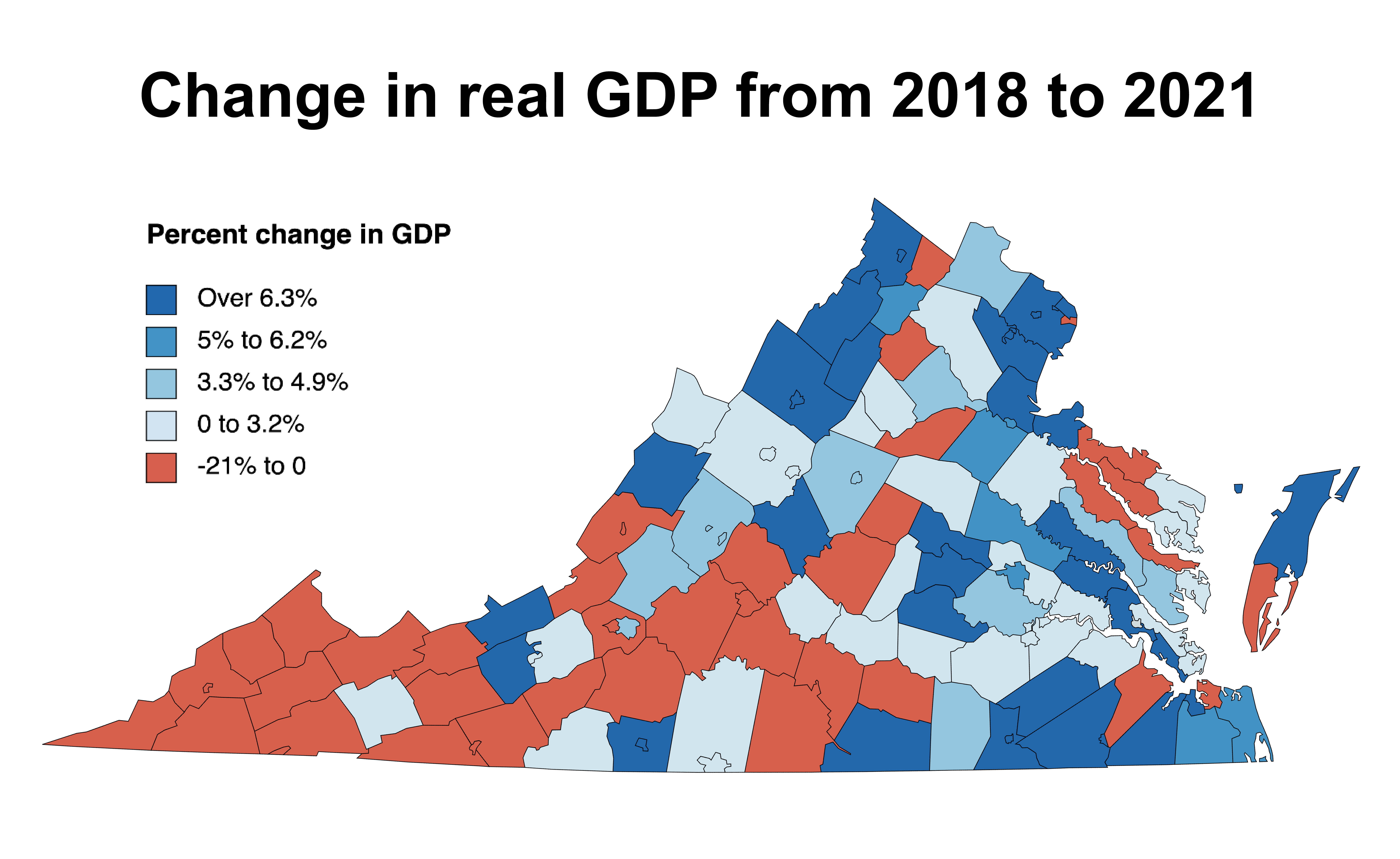 This map shows in red which localities in 2021 had smaller economies than they did in 2018. Credit: Bureau of Economic Analysis  Note: Industry detail is based on the 2012 North American Industry Classification System (NAICS).