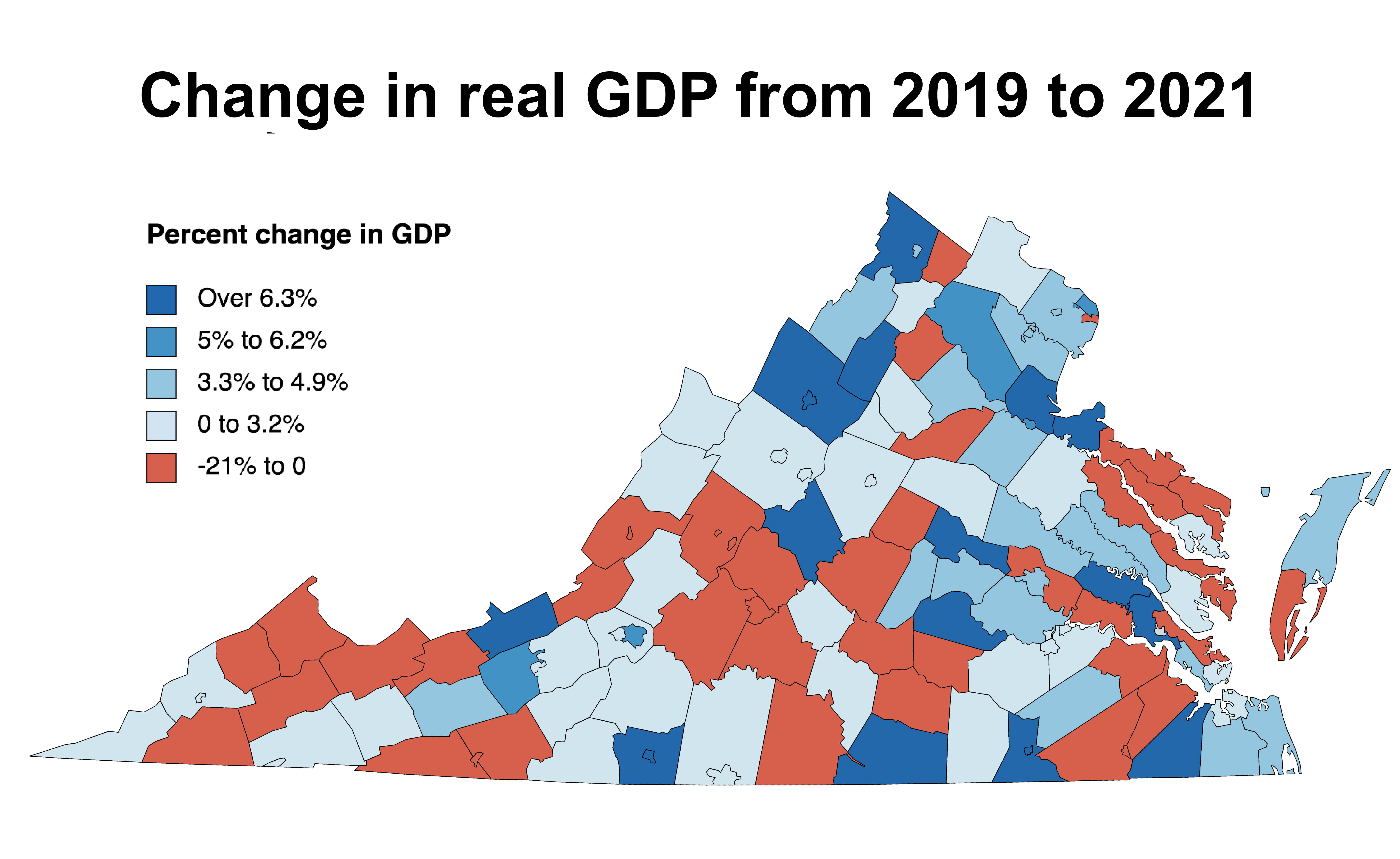 The map shows which localities in 2021 had exceeded their pre-pandemic economices and which ones hadn't. Credit: Bureau of Economic Analysis  Note: Industry detail is based on the 2012 North American Industry Classification System (NAICS).