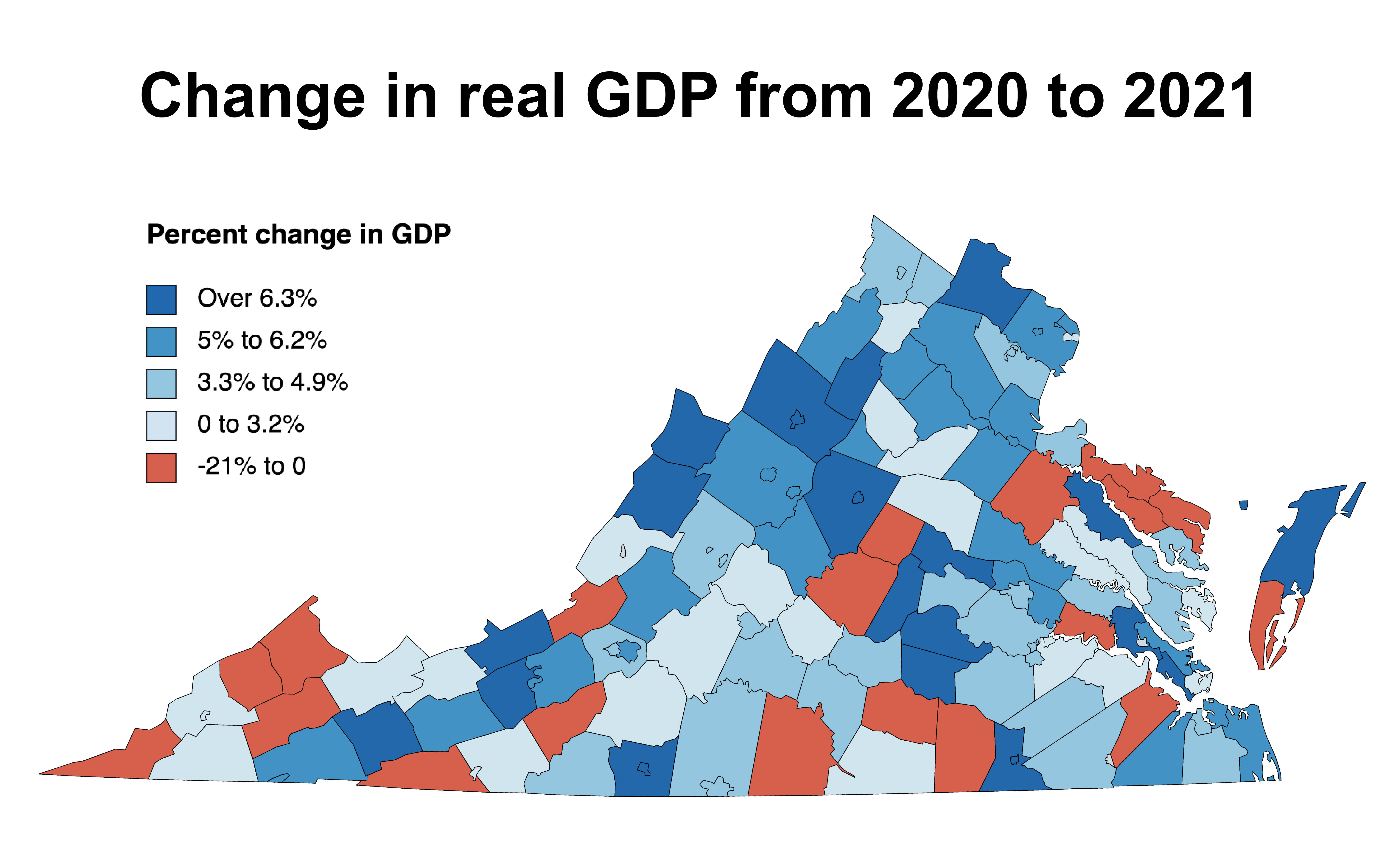 This map shows which localities in 2021 saw their economies shrink even smaller than the pandemic year of 2020. Credit: Bureau of Economic Analysis  Note: Industry detail is based on the 2012 North American Industry Classification System (NAICS).