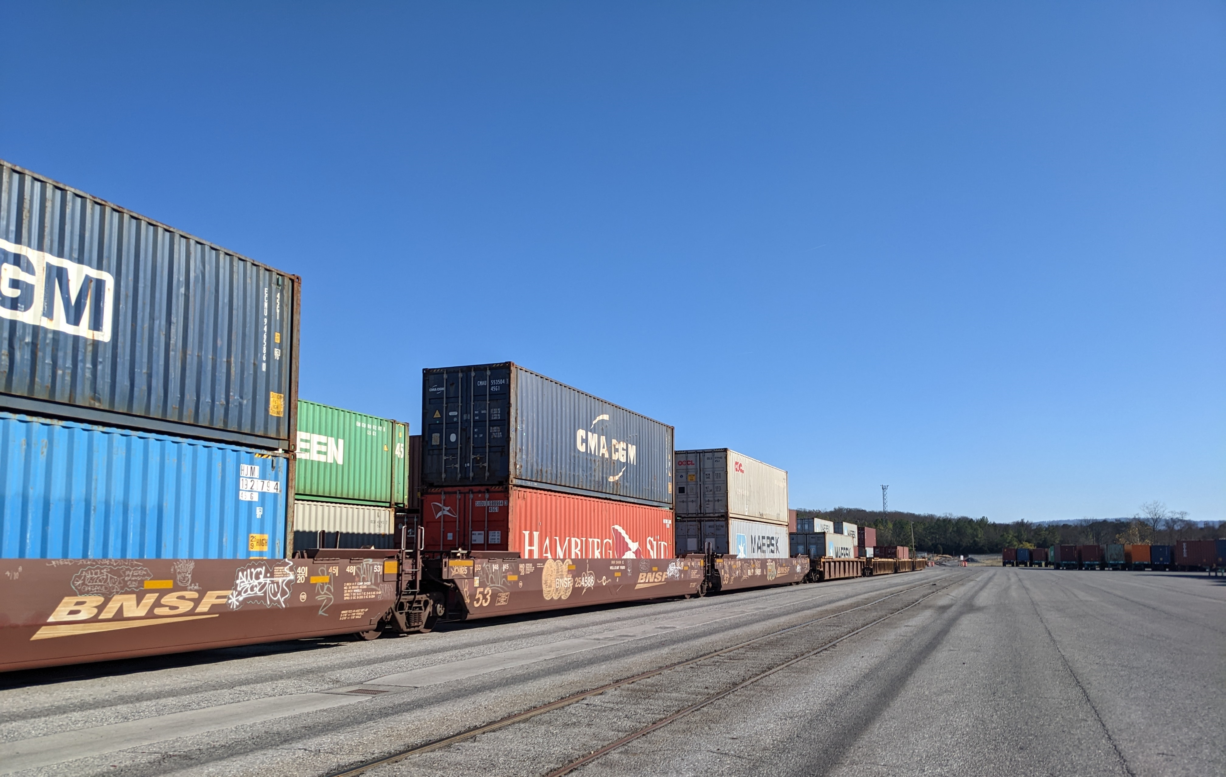 Six days a week, Norfolk Southern trains bring cargo to the Virginia Inland Port from the marine port at Hampton Roads. They make the trip back to the coast five days a week. Last year, 31,282 containers moved through the inland port. Photo by Megan Schnabel.