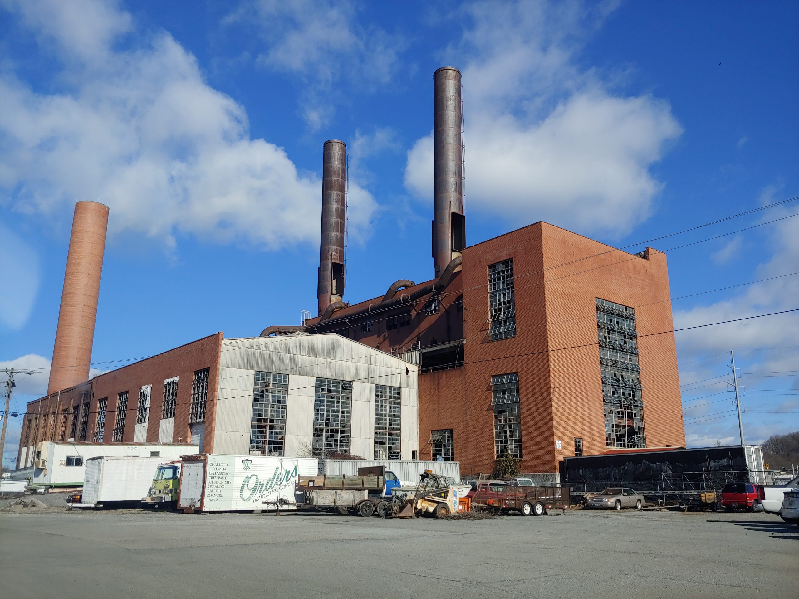 The main building at the old American Viscose plant, showing three of the site's four smokestacks. Photo by Dwayne Yancey.
