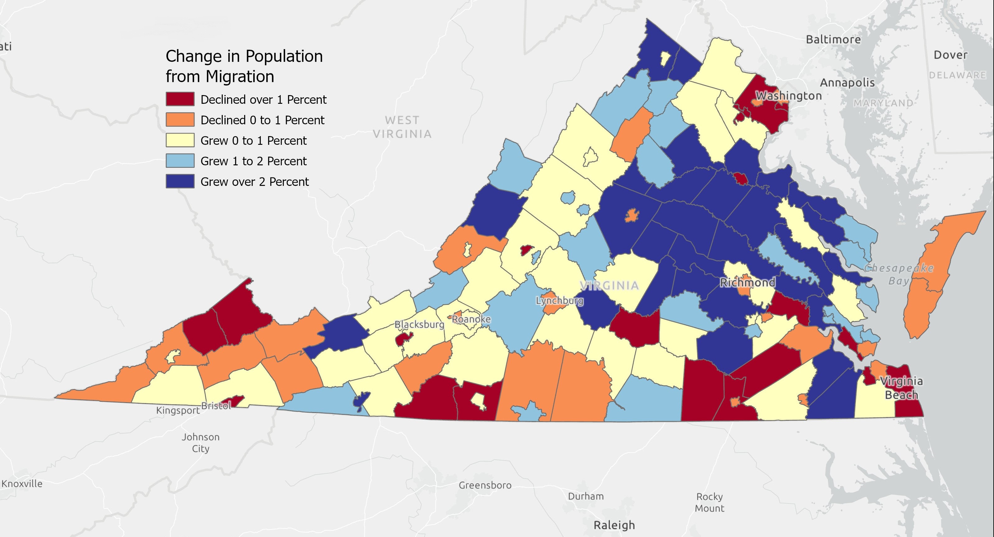 This map shows which localities have more people moving out than moving in -- or more moving in than moving out. Courtesy of Hamilton Lombard.