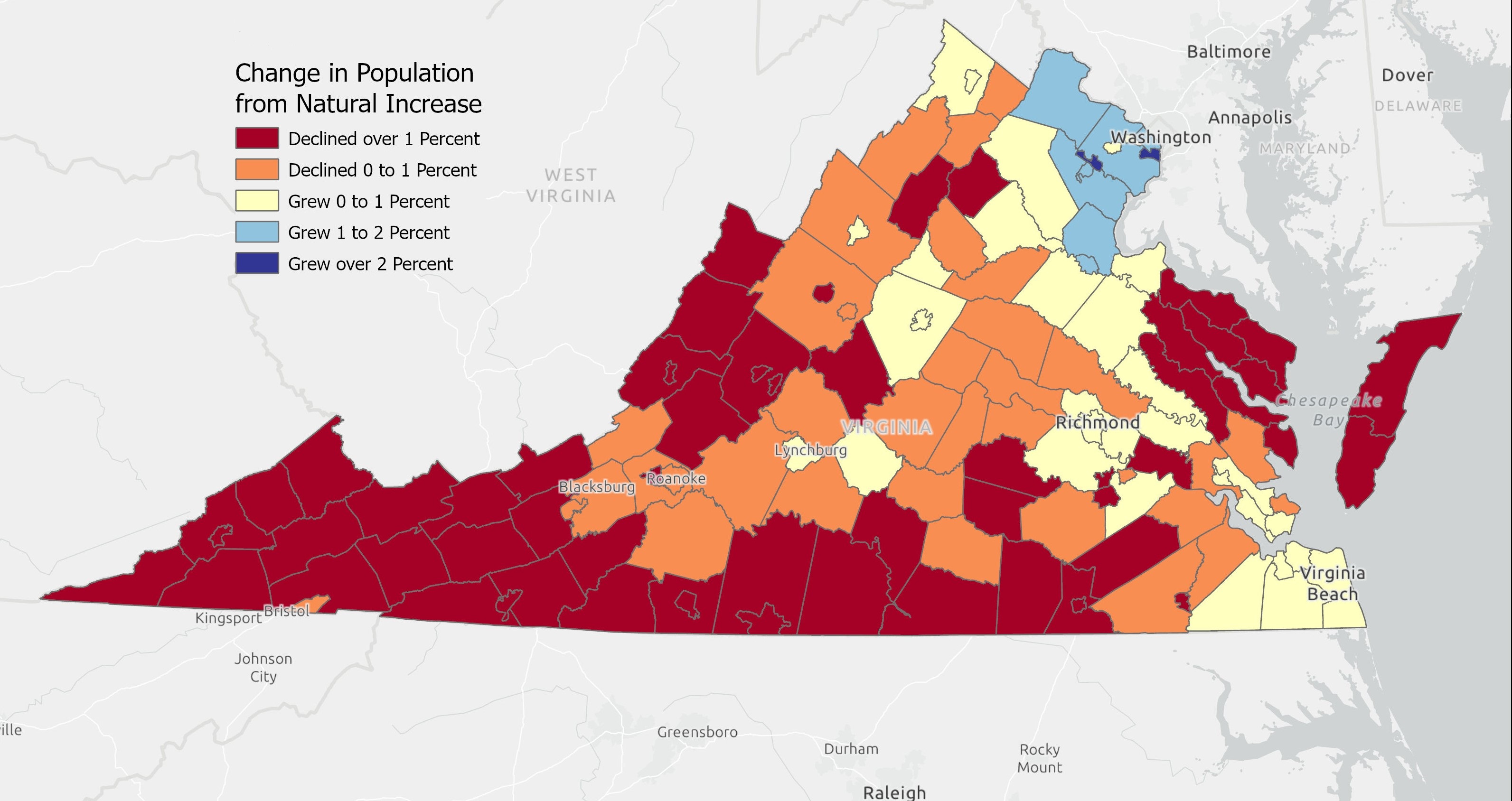This map shows localities where deaths outnumber births -- and where births outnumber deaths. Courtesy of Hamilton Lombard.