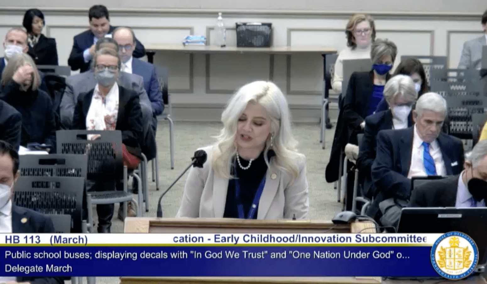 Del. Marie March, R-Floyd County, presents her transgender bill to the committee. Screenshot.
