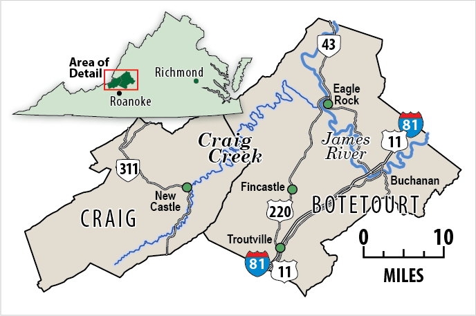 Craig Creek starts in Craig County and eventually flows through Botetourt County into the James River just north of Eagle Rock. Map by Robert Lunsford.